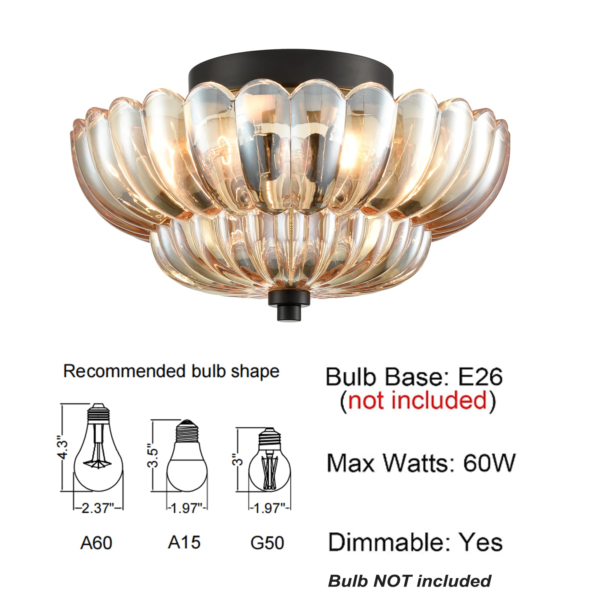 HYD high-standard Modern Black Flush Mount Ceiling Light 3-Light Amber Glass Shade Normal Size B7257-3CU-BK-H