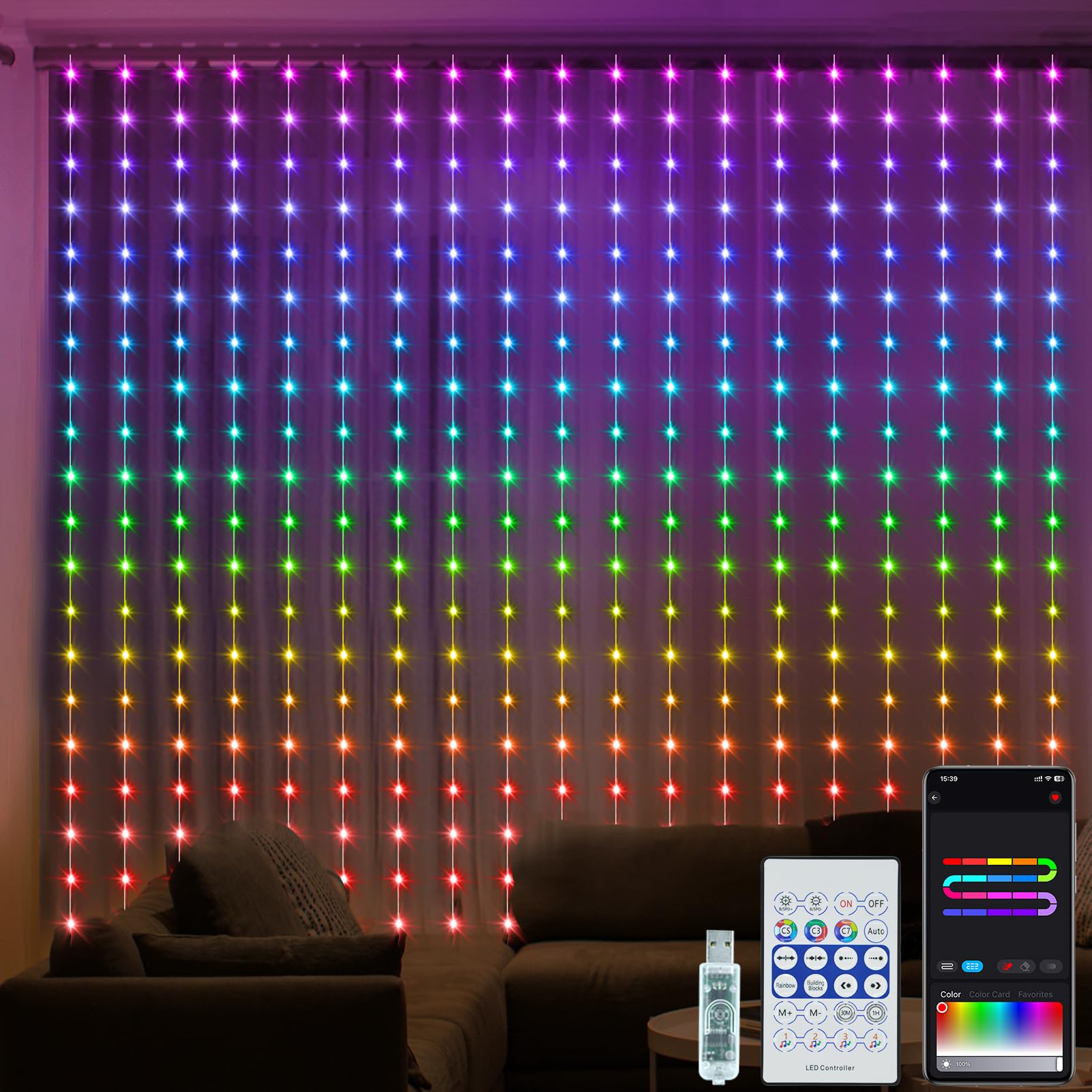 echosari Smart Curtain Lights 5050 RGB Built in Chip, 300 LED 16 Million Colors DIY Curtain Lights with Remote/APP Rainbow Curta