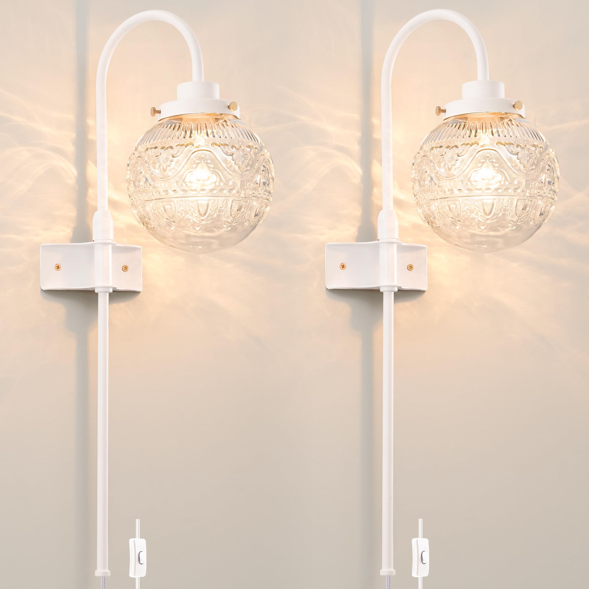 Daunton Vintage Plug in Wall Sconces Set of 2, Metal, Globe Glass, White, Model 250109