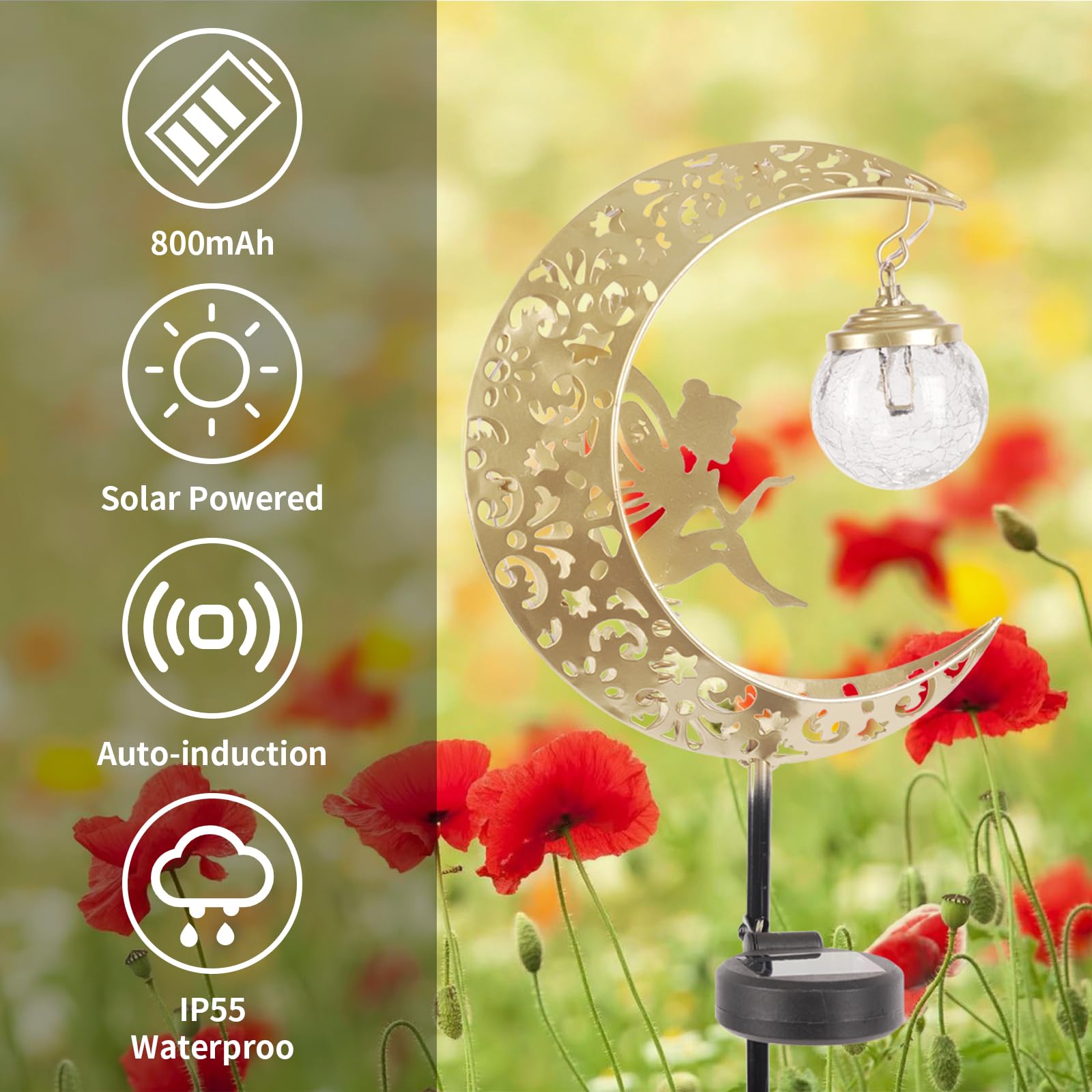 Solar Lights Outdoor Waterproof Fairy Moon Crackle Glass Lights With Metal Angel Decor For Walkway Yard Patio Or Garden Gifts Fo