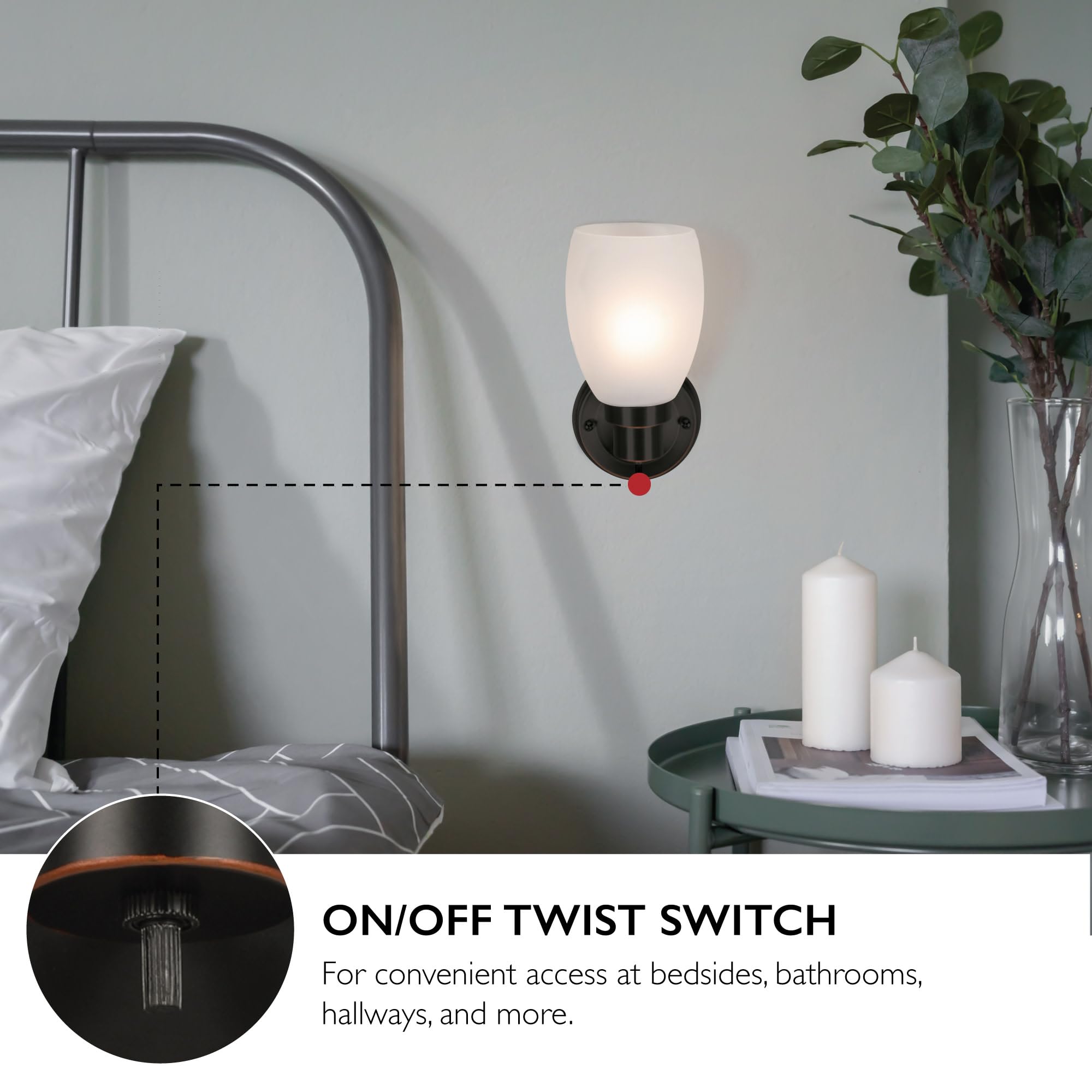 Design House Lydia Wall Sconce - Dimmable, Oil Rubbed Bronze, Frosted Glass Shade, On/Off Switch, Model 588814-ORB