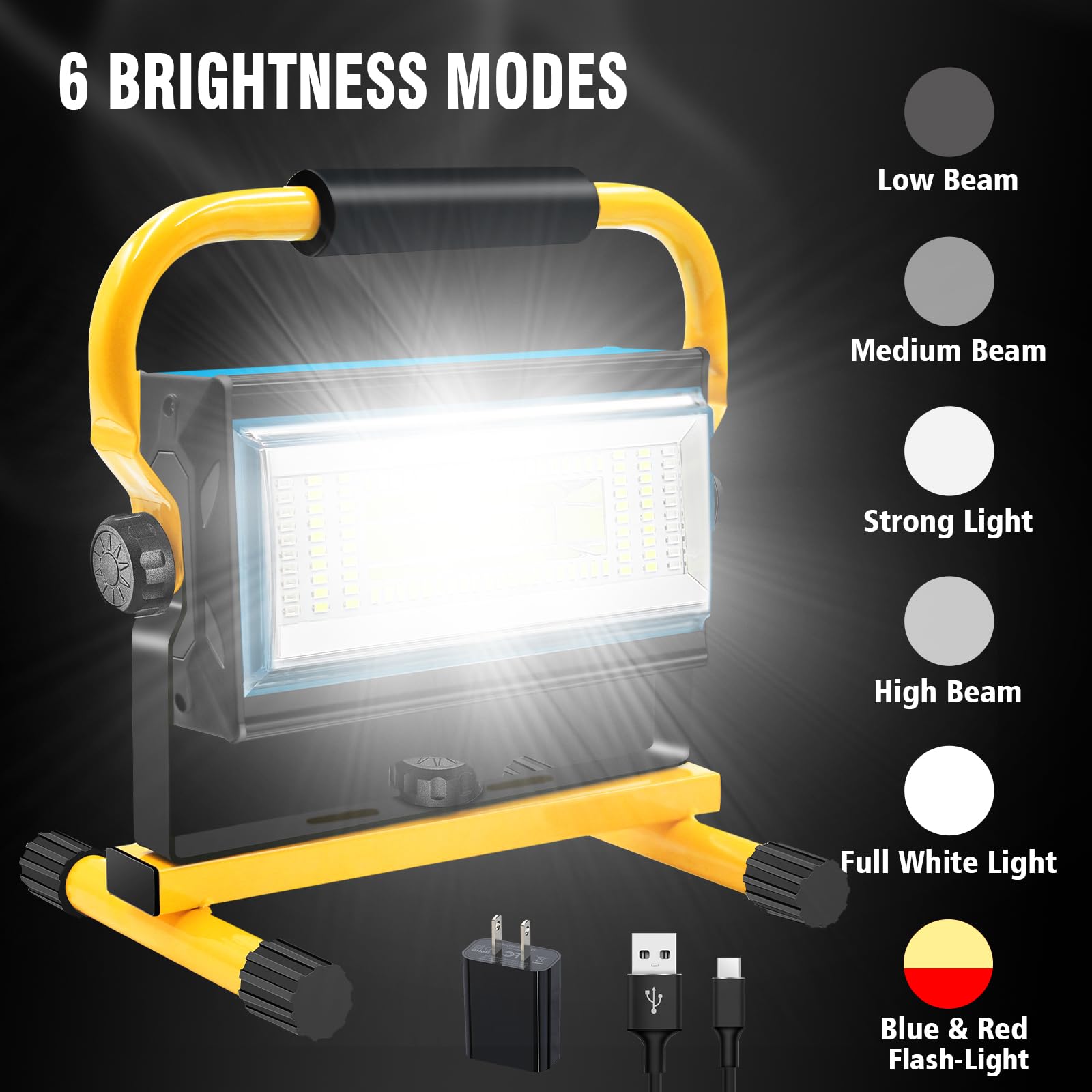 Tresda 100W Cob Rechargeable Work Light, 7000Lm Cordless Led Work Lights, Waterproof Portable Flood Light With Stand For Outdoor Camping, Hiking, Garage, Car Repairing, Workshop Job Site Lighting