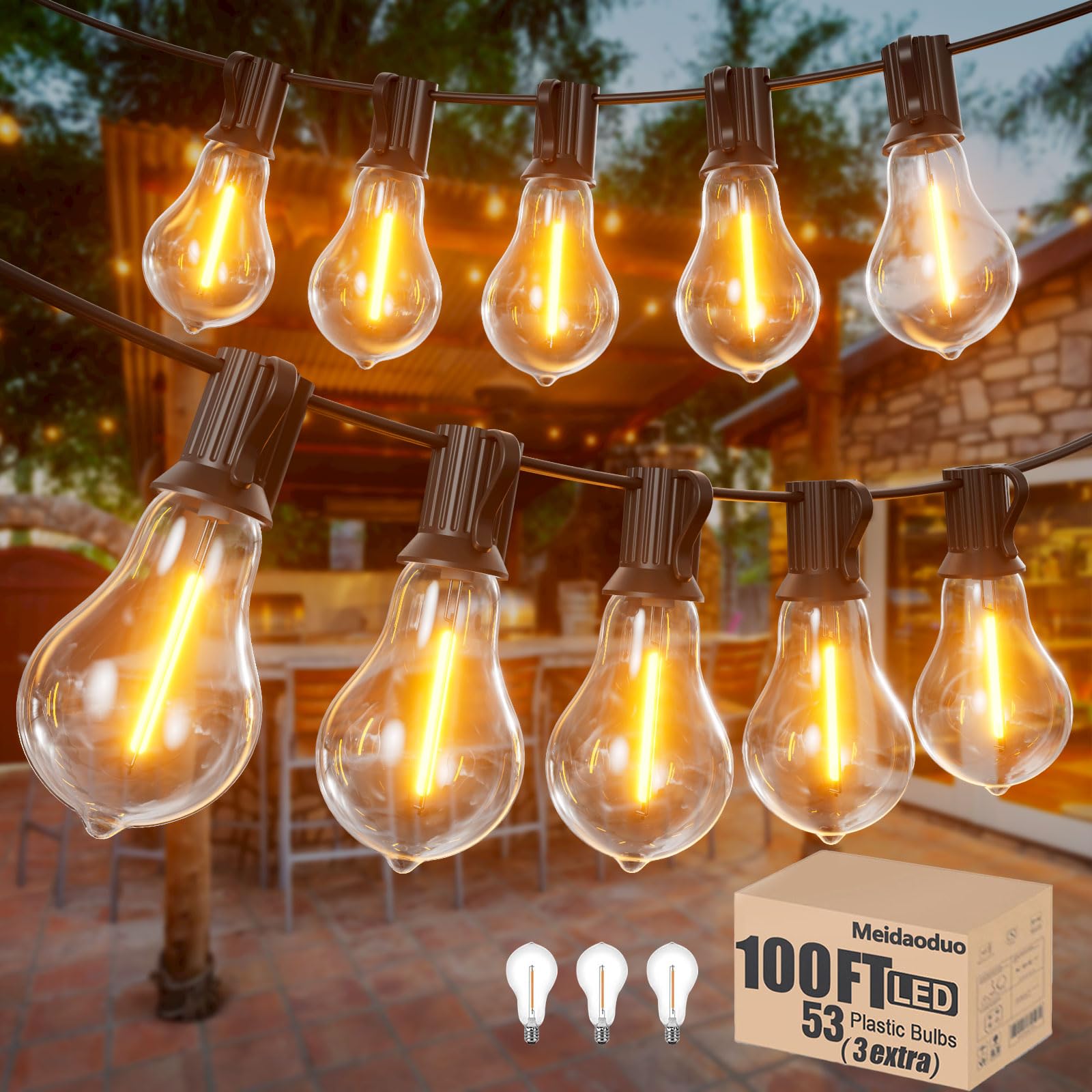 Meidaoduo Outdoor String Lights 100 ft, 50+3 A39 Shatterproof Warm Lights, Copper, 2200K, Model US10050-TX20B0-A39