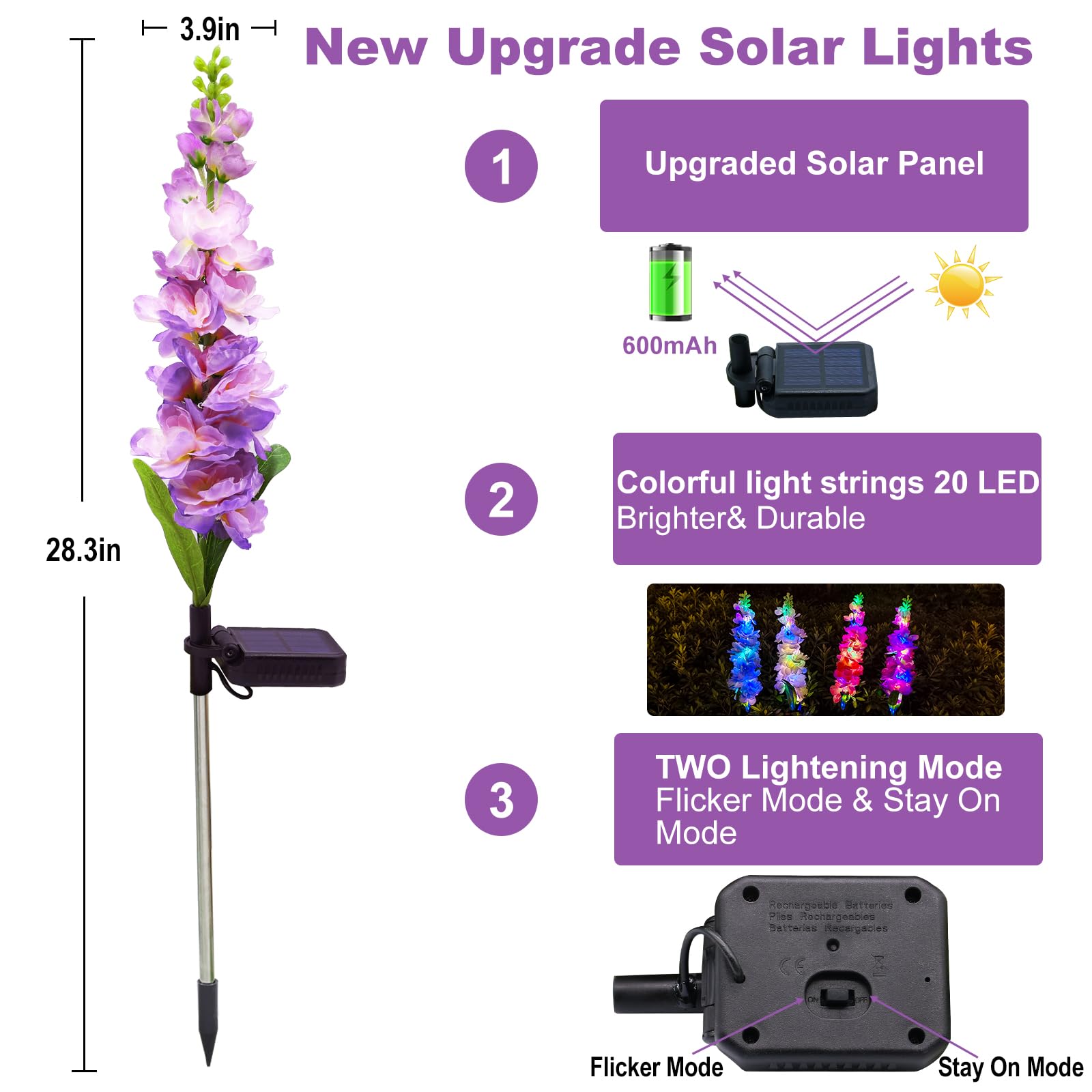 Solar Garden Lights, Solar Delphinium Flowers Lights 8 Pack 160 Leds, Waterproof Solar Outdoor Lights Two Lighting Modes For Wedding Party Garden Yard Patio Lawn Decor And Gift For Mother
