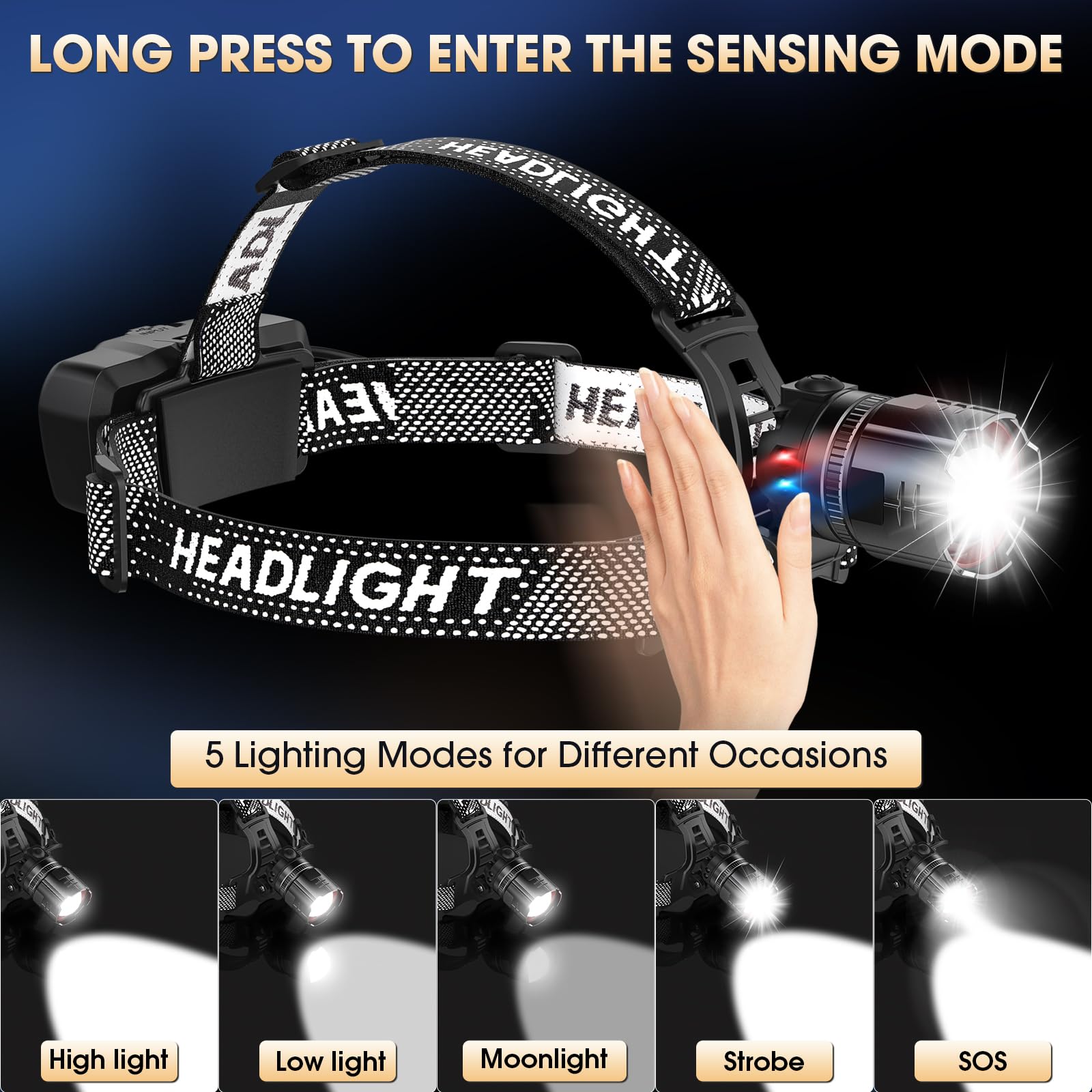 ATDOALL Super Bright LED Headlamp, Rechargeable 2 Pack, Motion Sensor, 5 Modes, Zoomable, Waterproof, Model H-2401-TD-2