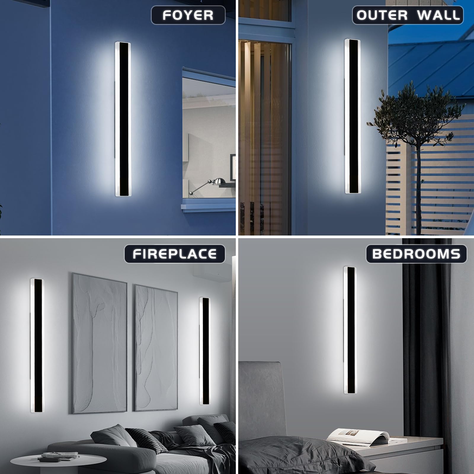 Mikeru 31.4" LED Wall Light, 6000K White, Black Acrylic Outdoor Fixture, IP65 Waterproof, Model FTBD
