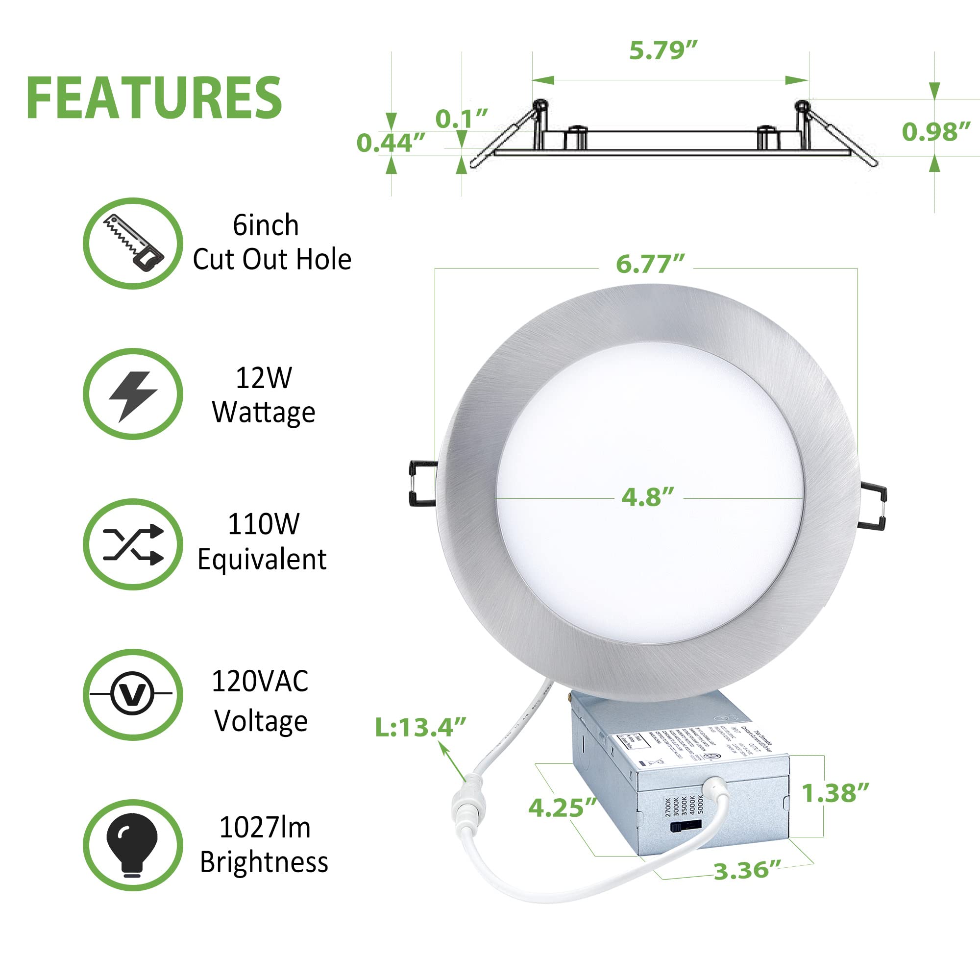 Popanu Dimmable 6-Inch Led Recessed Lights 6 In. Slim Downlight Canless Flat Ceiling Panel Lights Cetlus 12W 120V 5Cct Changeabl
