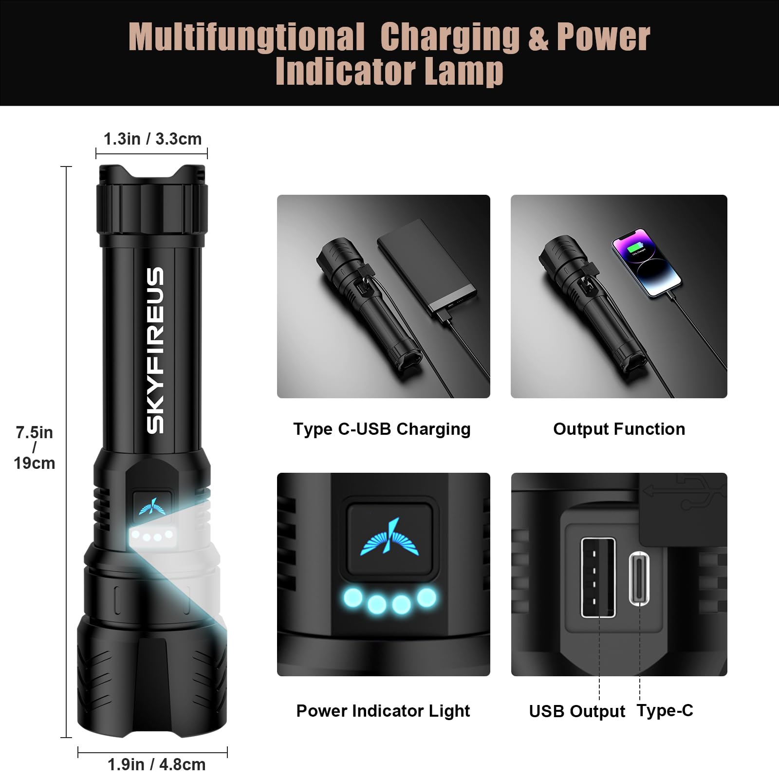 SKYFIRE 2000lm LED Flashlight - Rechargeable, Zoomable, Waterproof, Black, Model 1097, Ideal for Camping and Emergencies