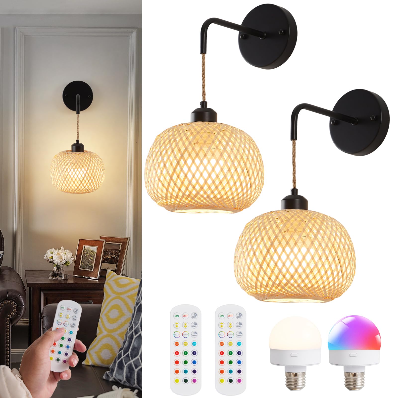 Vitnucrol Battery Operated Wall Sconce Set Of Two, Bamboo Rechargeable Wireless Sconces With Remote, Dimmable Non-Hardwired Farmhouse Boho Wall Lights For Bedroom Living Room (Black)