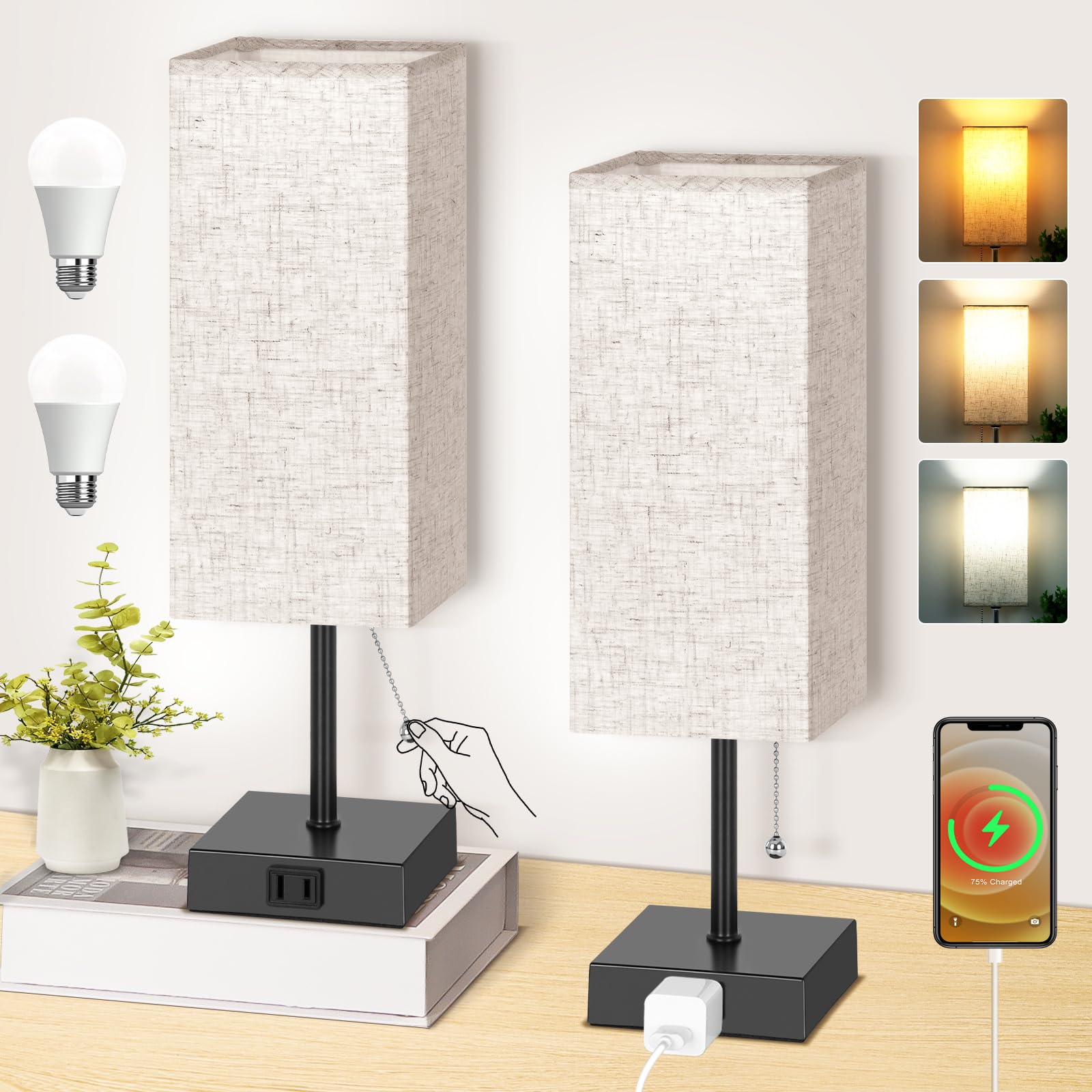 PLMMY Table Lamp Set of 2, 14 Inch Metal Bedside Lamps with Flaxen Shade, 3 Color Temperatures, Pull Chain, AC Outlet