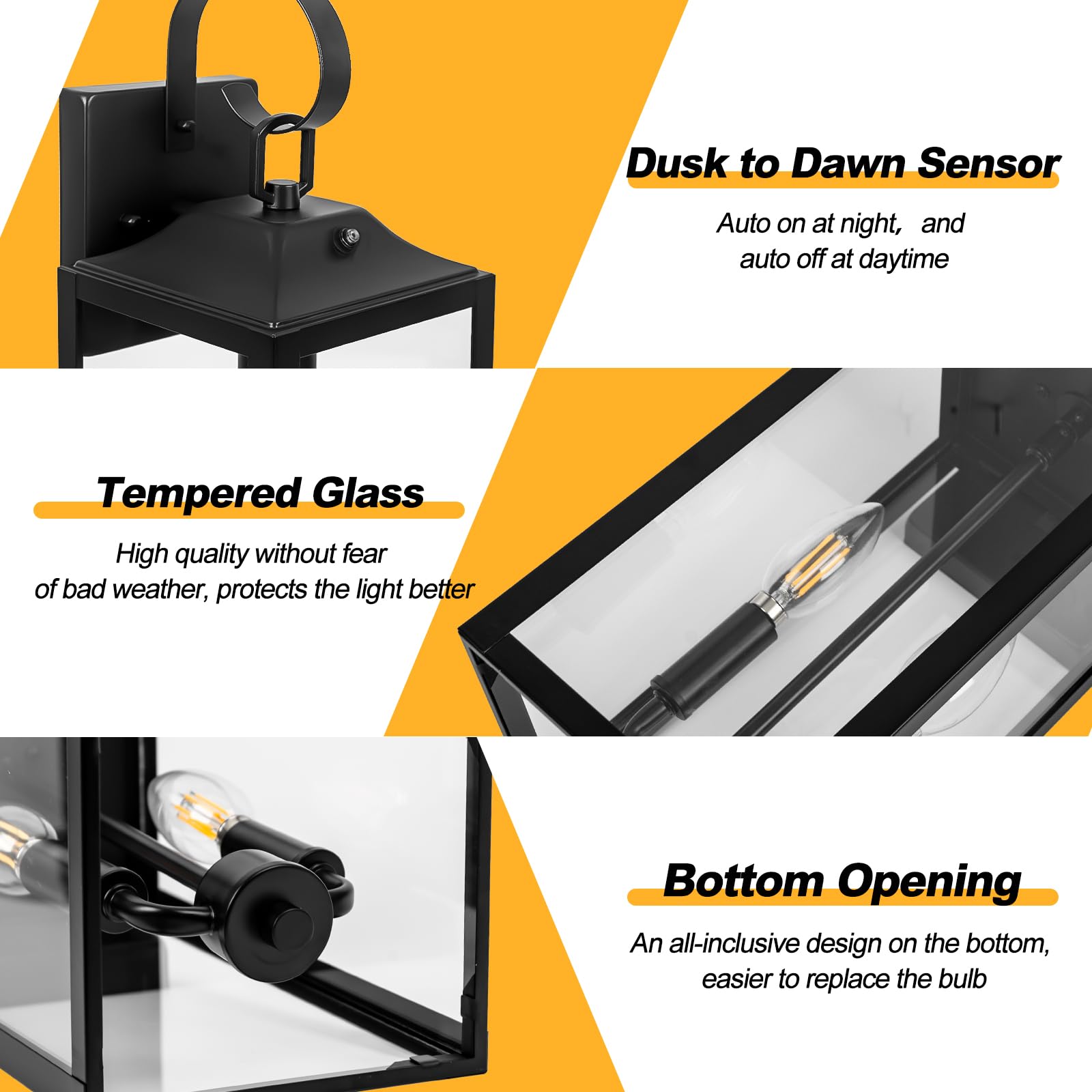 Yolsunes 19&quot; Black Dusk To Dawn Outdoor Wall Lantern, 2-Light Modern Sconce, Waterproof