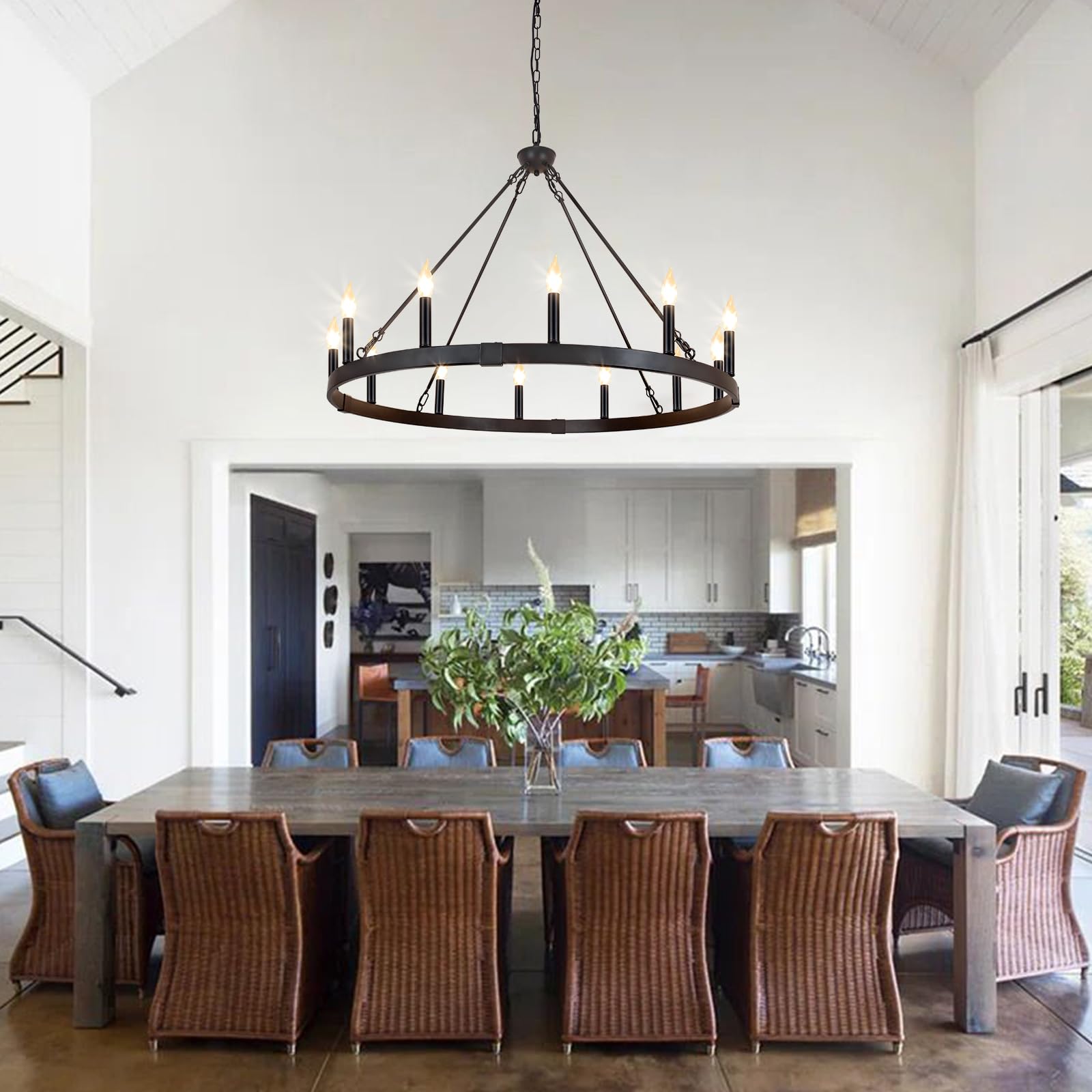 Rviezza Black Wagon Wheel Chandelier 38 Inch, 12-Light Black Round Industrial Farmhouse Chandeliers For High Ceilings Dining Roo