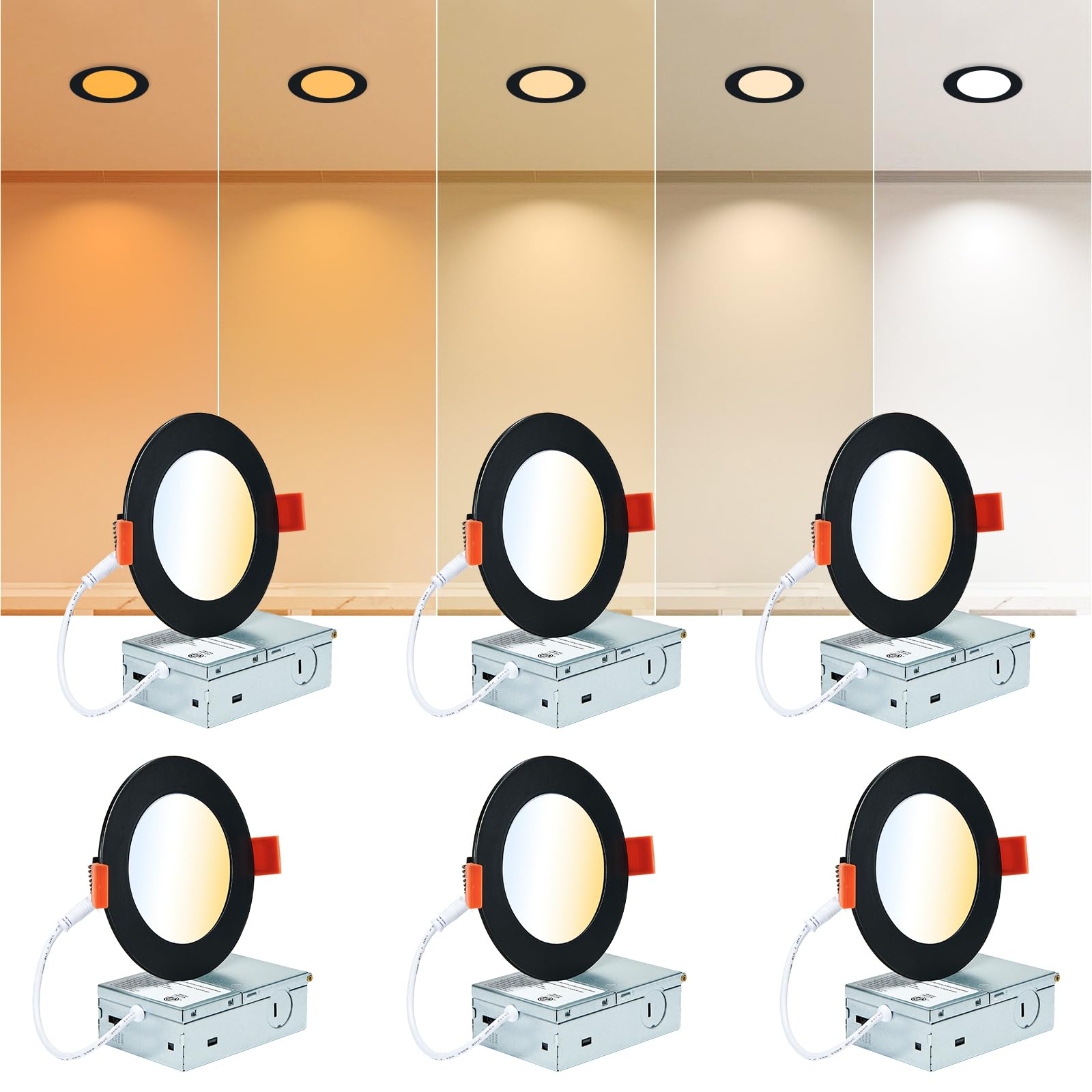 Cycevsun Black Recessed Lights, Canless 4 Inch Soffit Wafer Pot Lighting With Junction Box, Dimmable & 5 Color Temperature Selectable, 9W, 120V, Wet & Ic Rated, Etl, 6 Pack