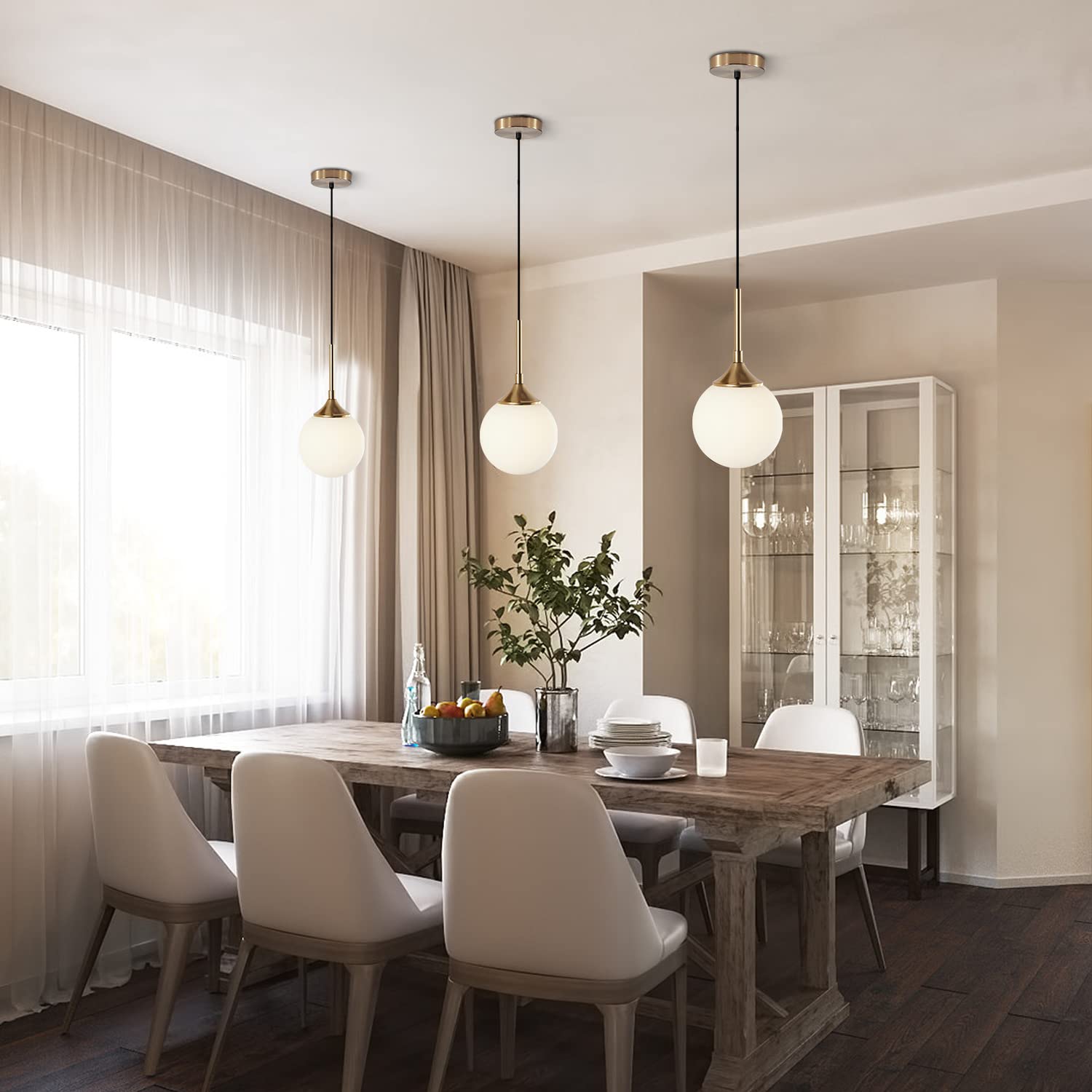 KCO Mid Century Modern Glass Pendant Light 1-Light Brushed Brass Adjustable Ceiling Fixture White