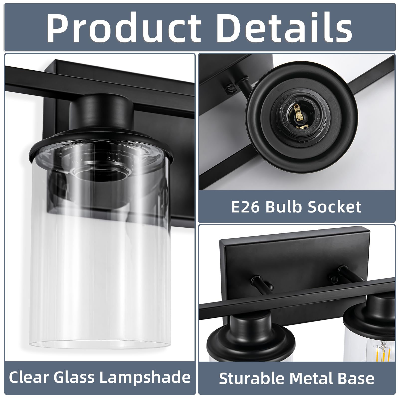 LOUSACE 6 Light Bathroom Vanity Light, Matte Black Metal Fixture with Clear Glass Shades, Model 21-6-BL