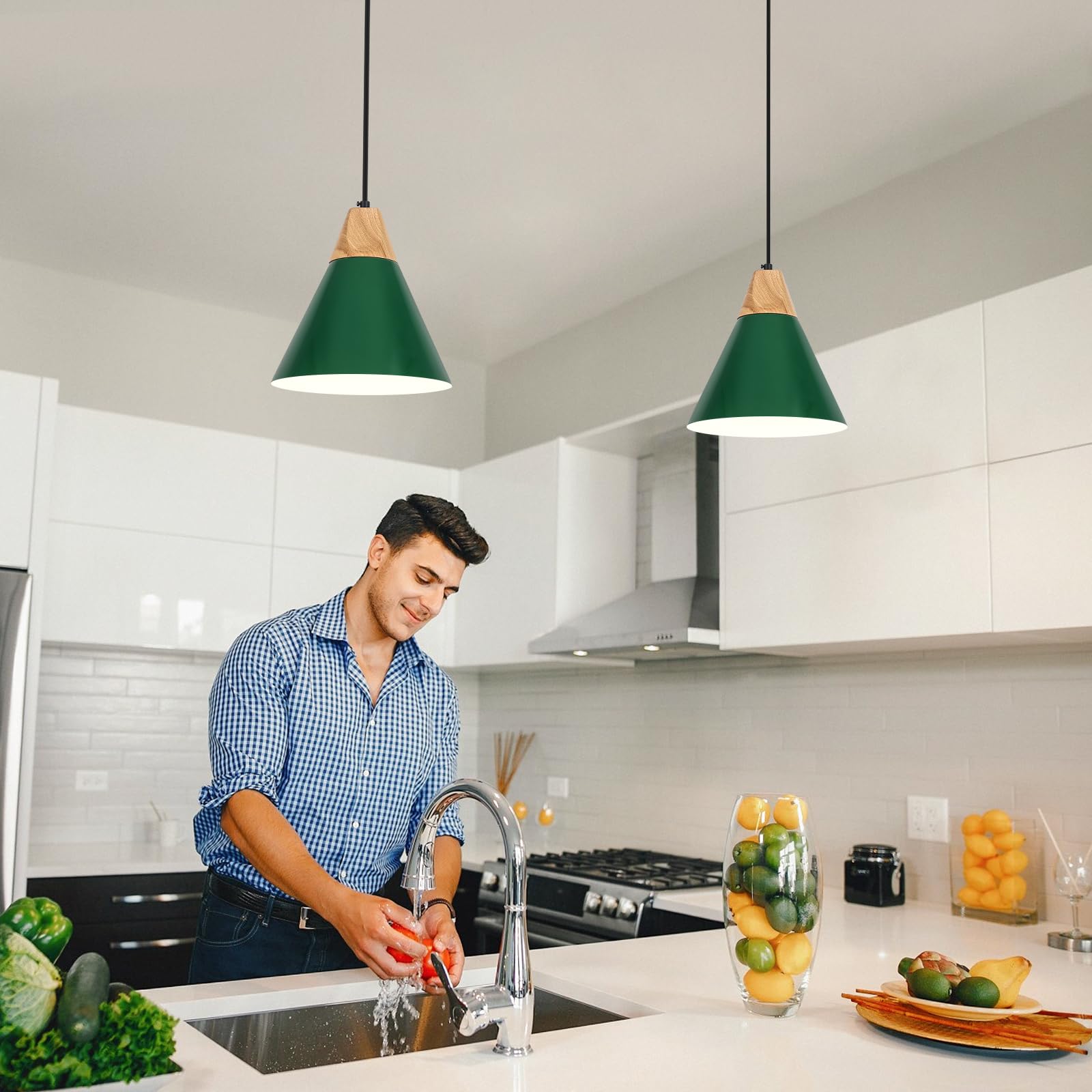 Sesiment Plug In Pendant Light, 2 Pack 9.4Inch Hanging Lights With Plug In Cord 14.7 Ft, Green Pendant Light Plug In, Hanging Pe