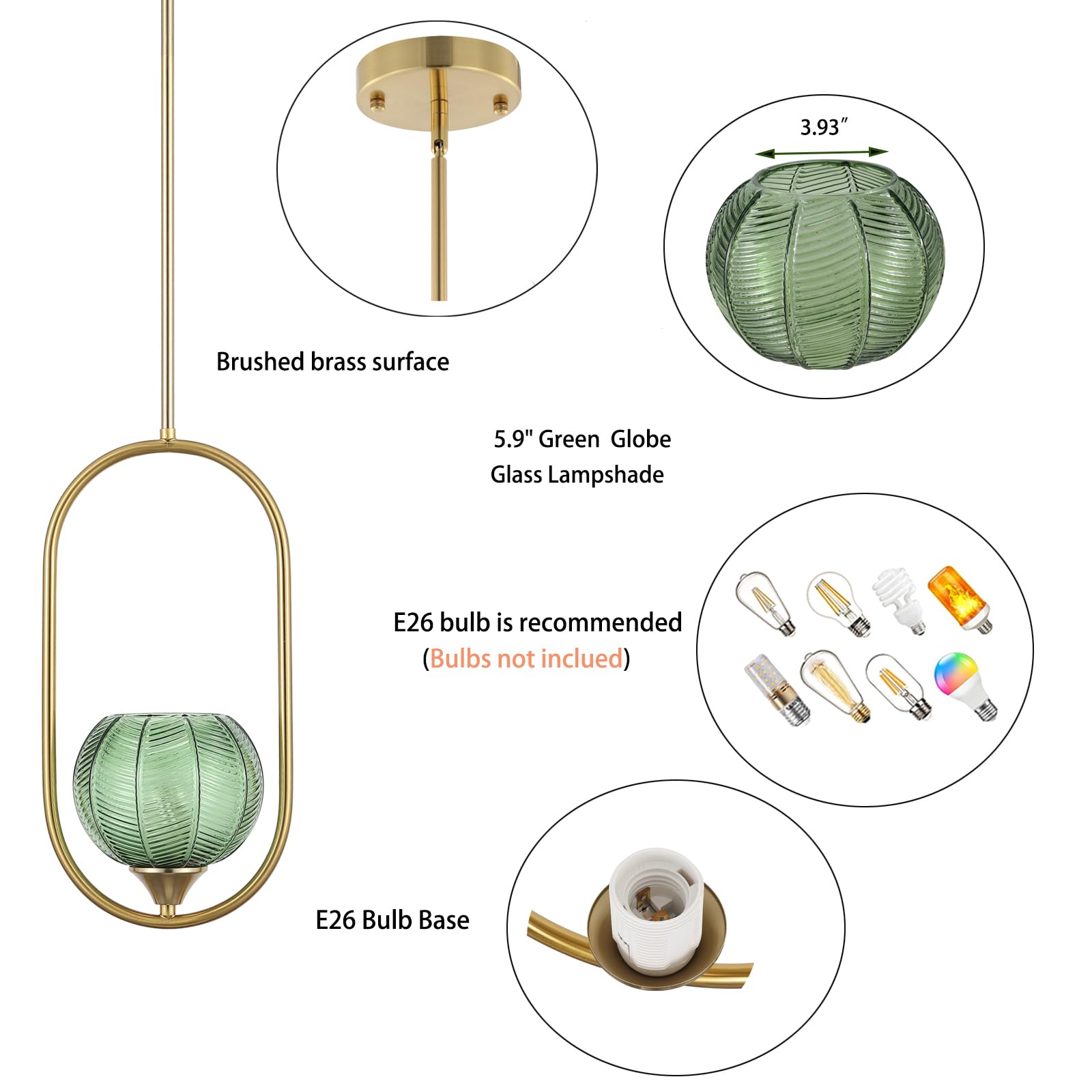 Byoliima Modern Gold Globe Pendant Light With Green Glass Globe Lampshade Mid Century Chandelier 1-Light Brushed Brass Ceiling Hanging Lighting Fixture For Kitchen Island Dining Room Bedroom (2 Pack)