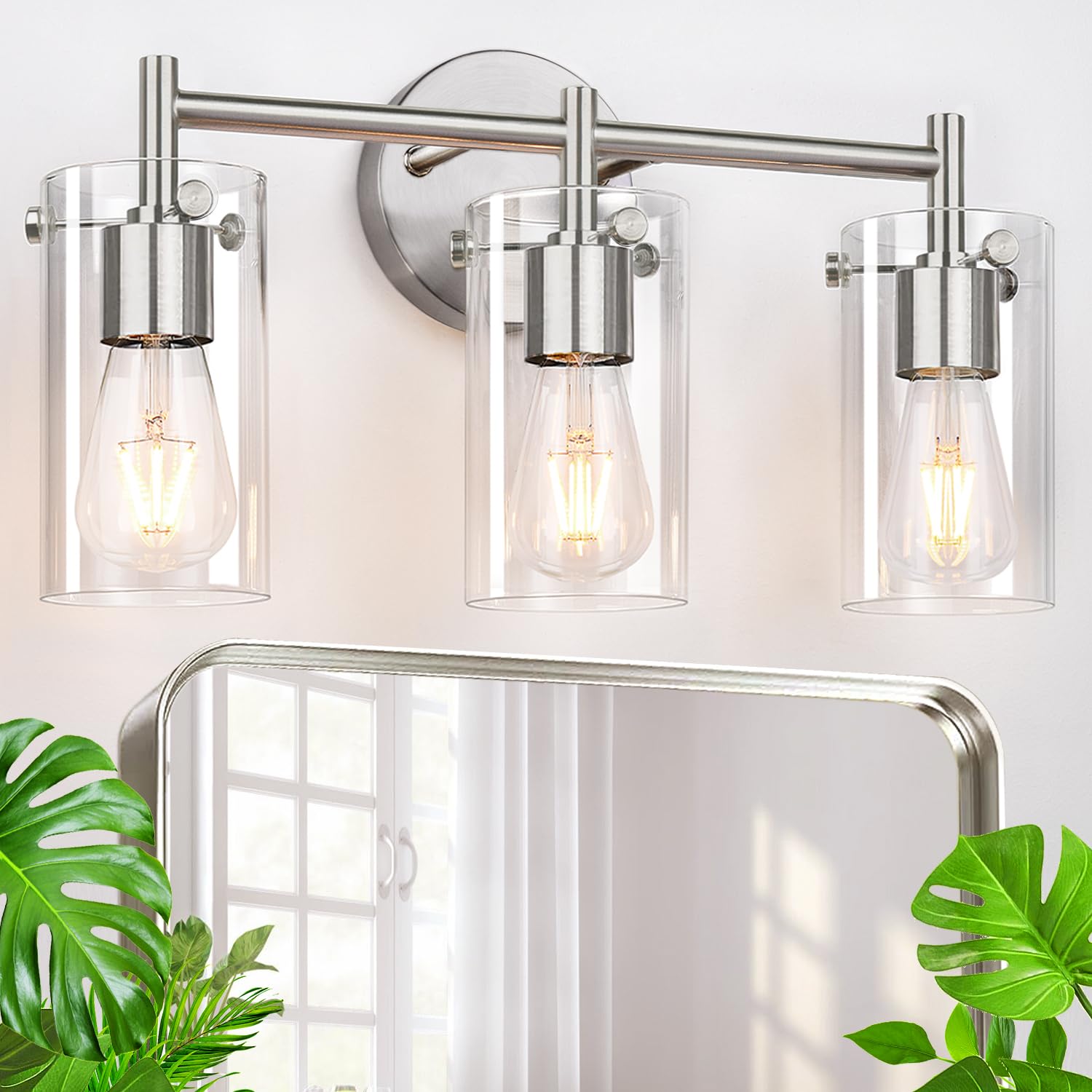 Indoi 3-Light Brushed Nickel Bathroom Vanity Light Fixture, Clear Glass Shade, Model W0468