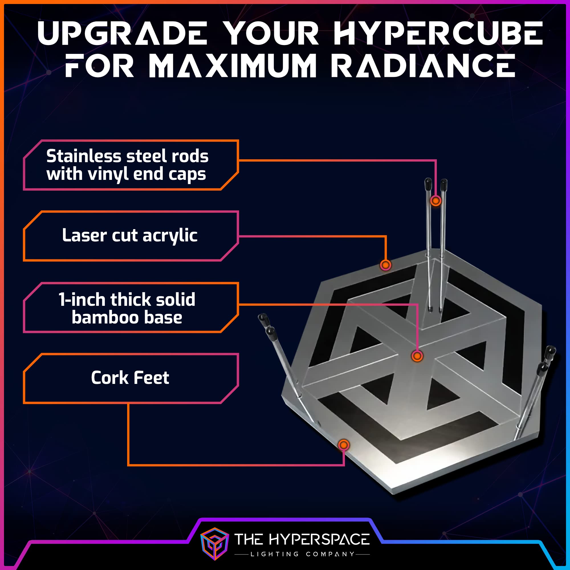 The Hyperspace Lighting Company HyperStand - 12.5-Inch Display Stand, Solid Bamboo Base, Stainless Steel Rods, Black, Model HS