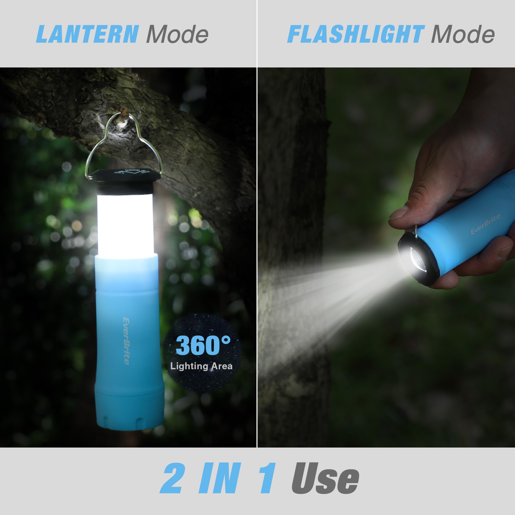 EverBrite 2-in-1 Mini Lanterns and Flashlights, Blue, Zoomable, Battery Powered, Model E041056AE, 3 Modes, Camping Essentials