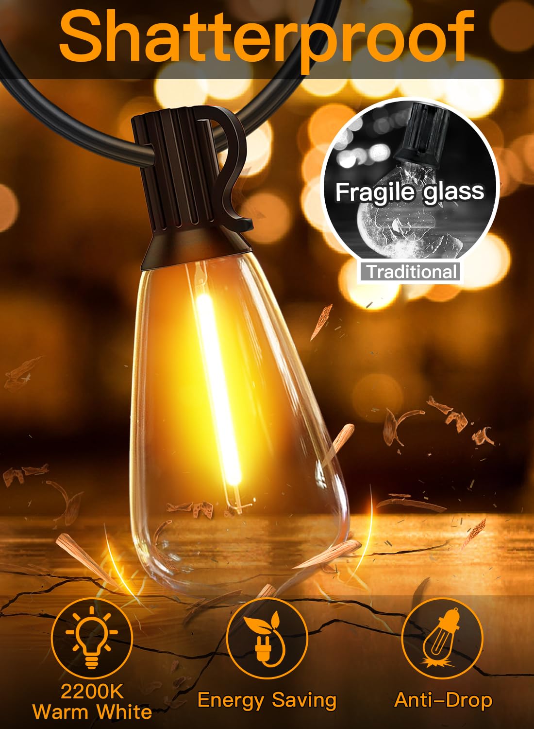 Ollny Outdoor String Lights 30Ft, Shatterproof Connectable Patio Lights With 15+1 Spare St38 Vintage Bulbs, 2200K Warm White Wat