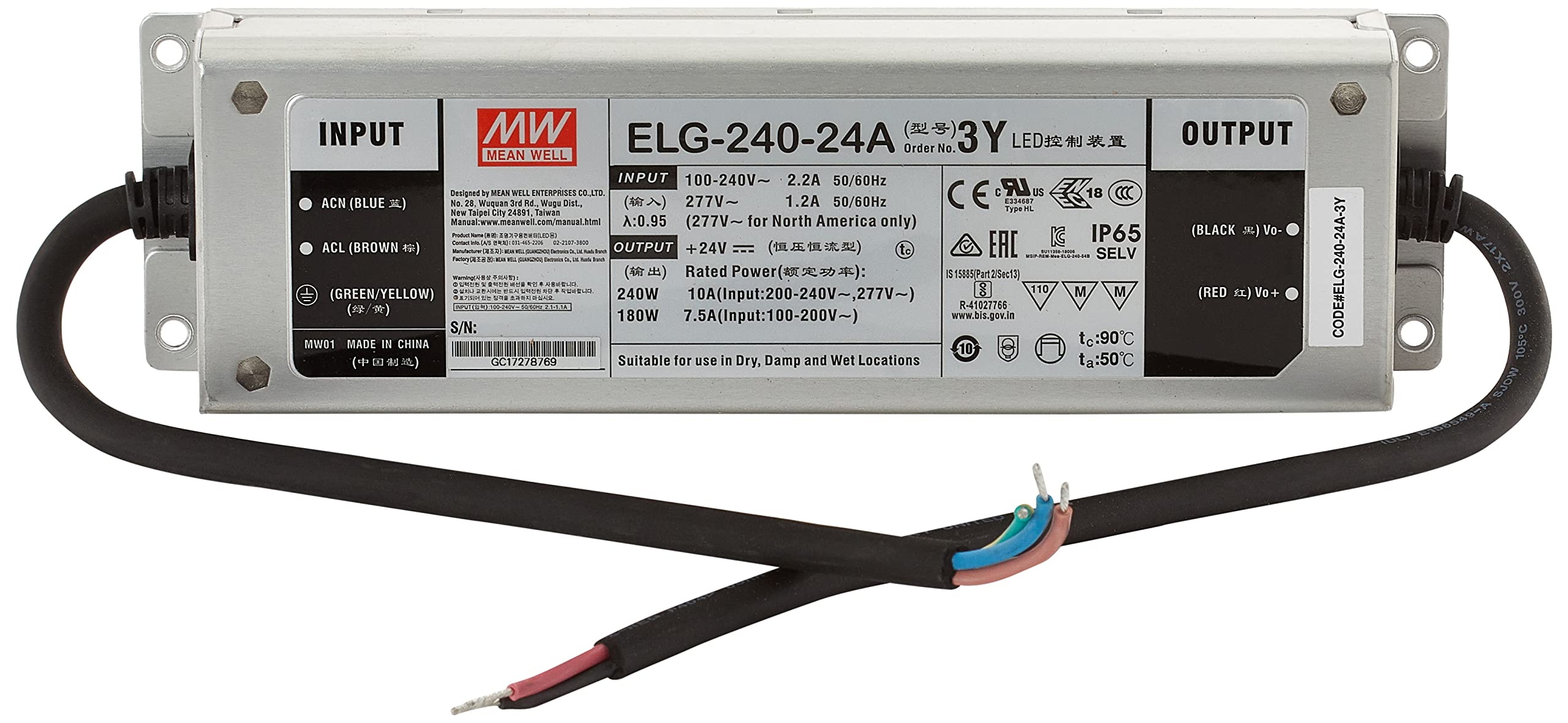 Mean Well Elg-240-24A-3Y Transformer, Led Driver, Constant Voltage, Constant Current 240 W, 5-10 A, 21.6