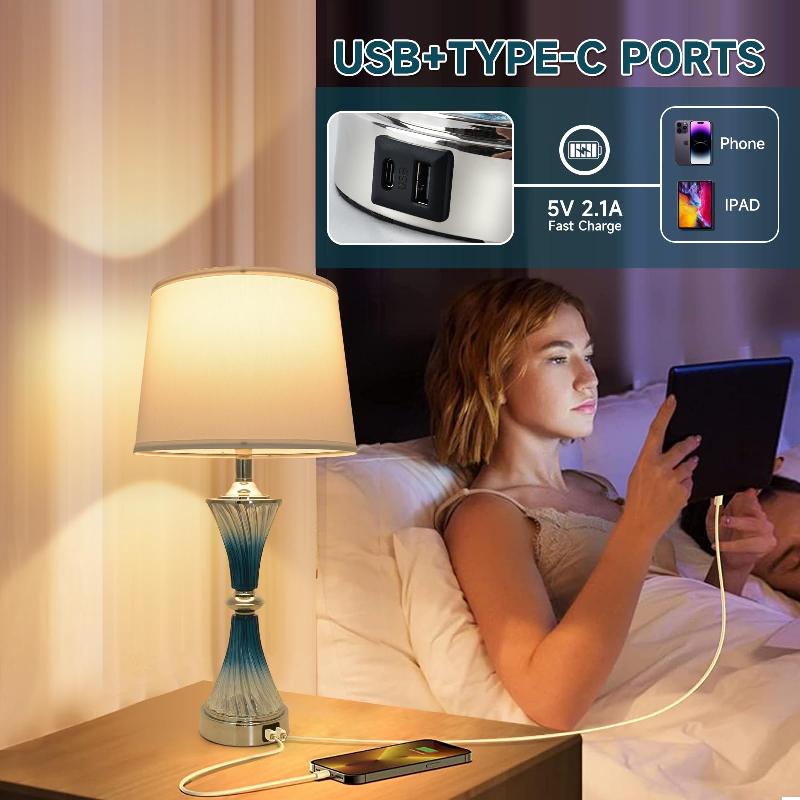 Terpsichore Modern Table Lamps Set Of 2: Coastal Glass, Blue & Cyan, Led, Touch Control, 3-Way Dimming, Usb Charging, Energy Eff