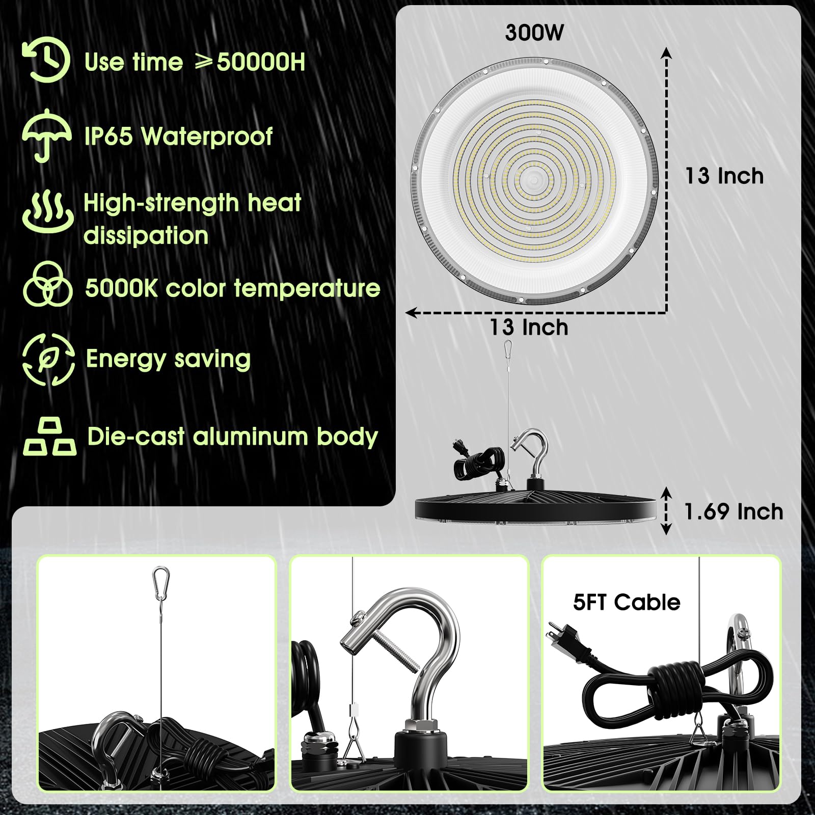 Zelvia 300W High Bay LED Shop Lights - 30000LM, IP65 Waterproof, 5000K for Garage, Workshop, Factory, Warehouse - Model ZE-LQ-D12-U