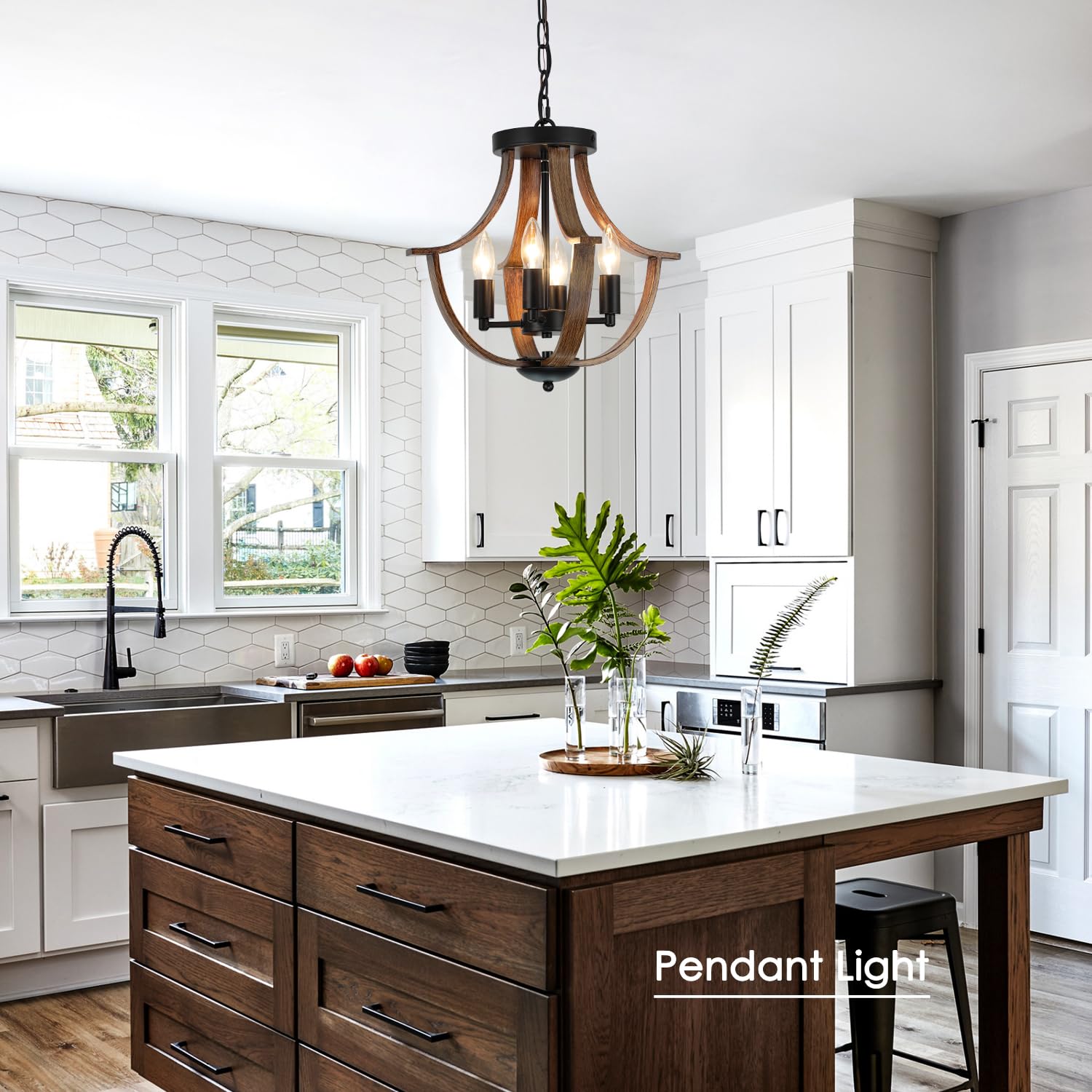 LAMPKEDUO 4-Light Rustic Pendant Lighting, Metal & Faux Wood Chandelier, Black, Model D9901-4 for Dining Room, Kitchen, Hallway