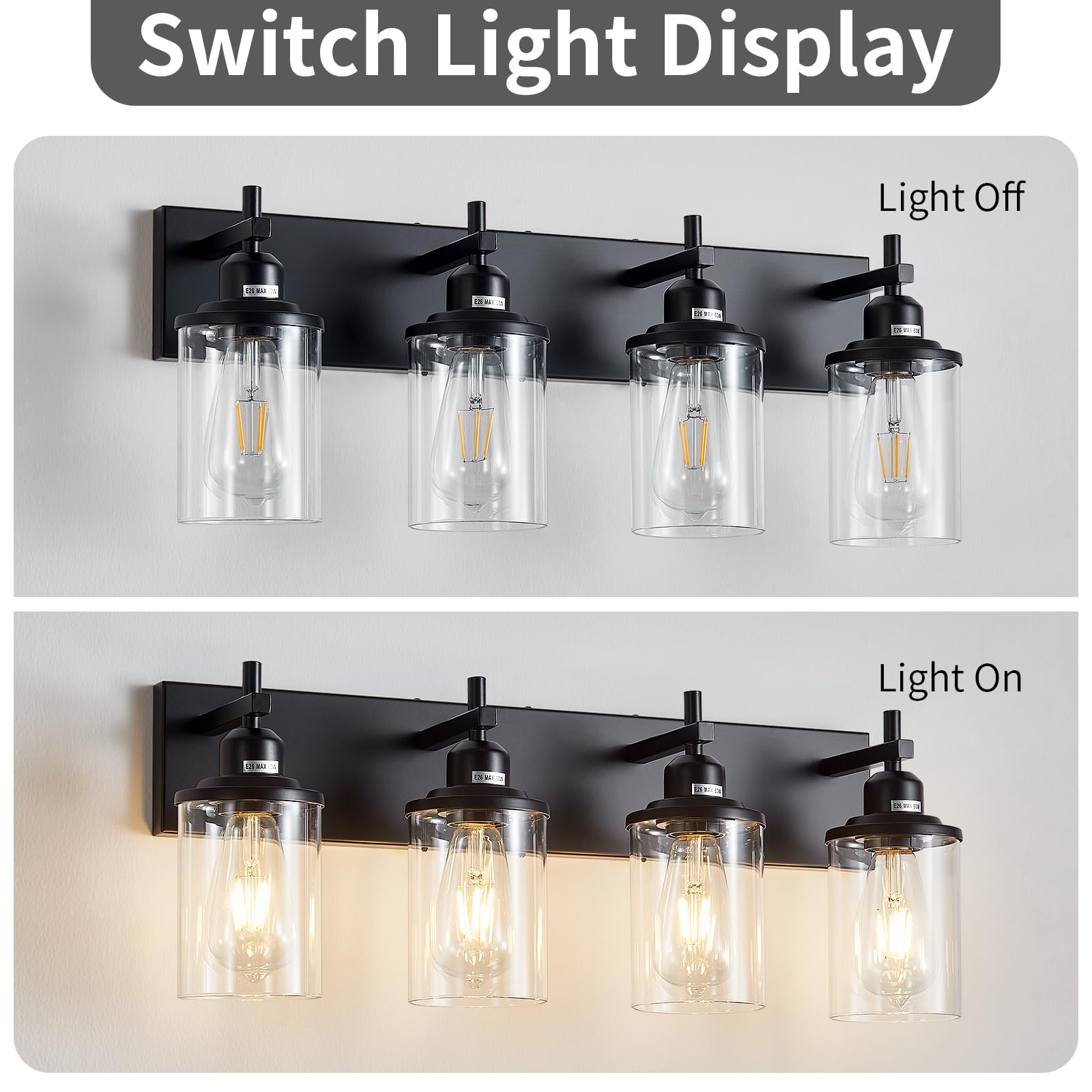 Lanhall 4-Light Black Bathroom Light Fixture Over Mirror Modern Farmhouse Bathroom Vanity Light Vintage Wall Lighting With Clear