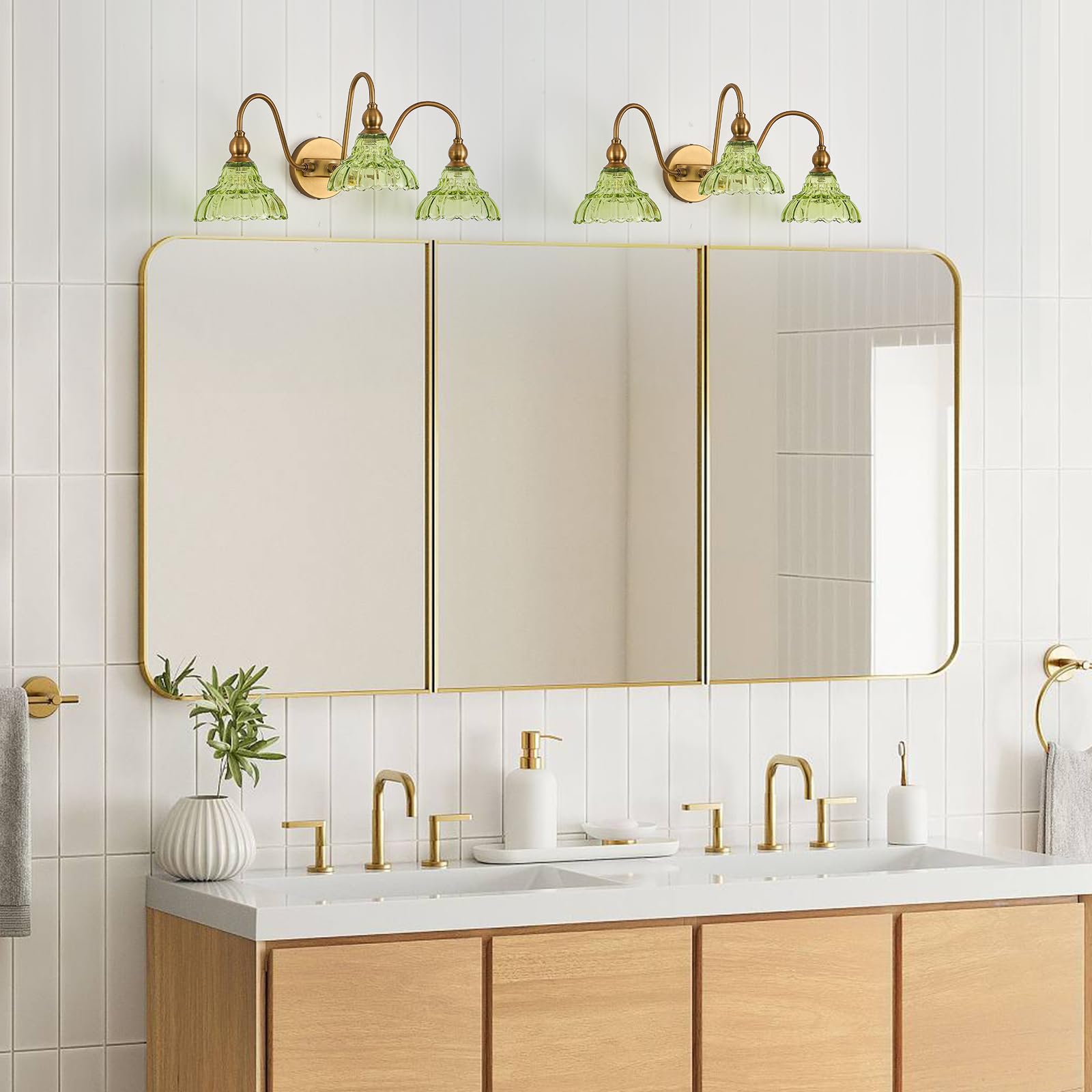 TLOLGT Vintage 3-Light Bathroom Vanity Light Fixture - Green Glass Wall Sconces for Bedroom, Living Room, Kitchen, Model LS178-3