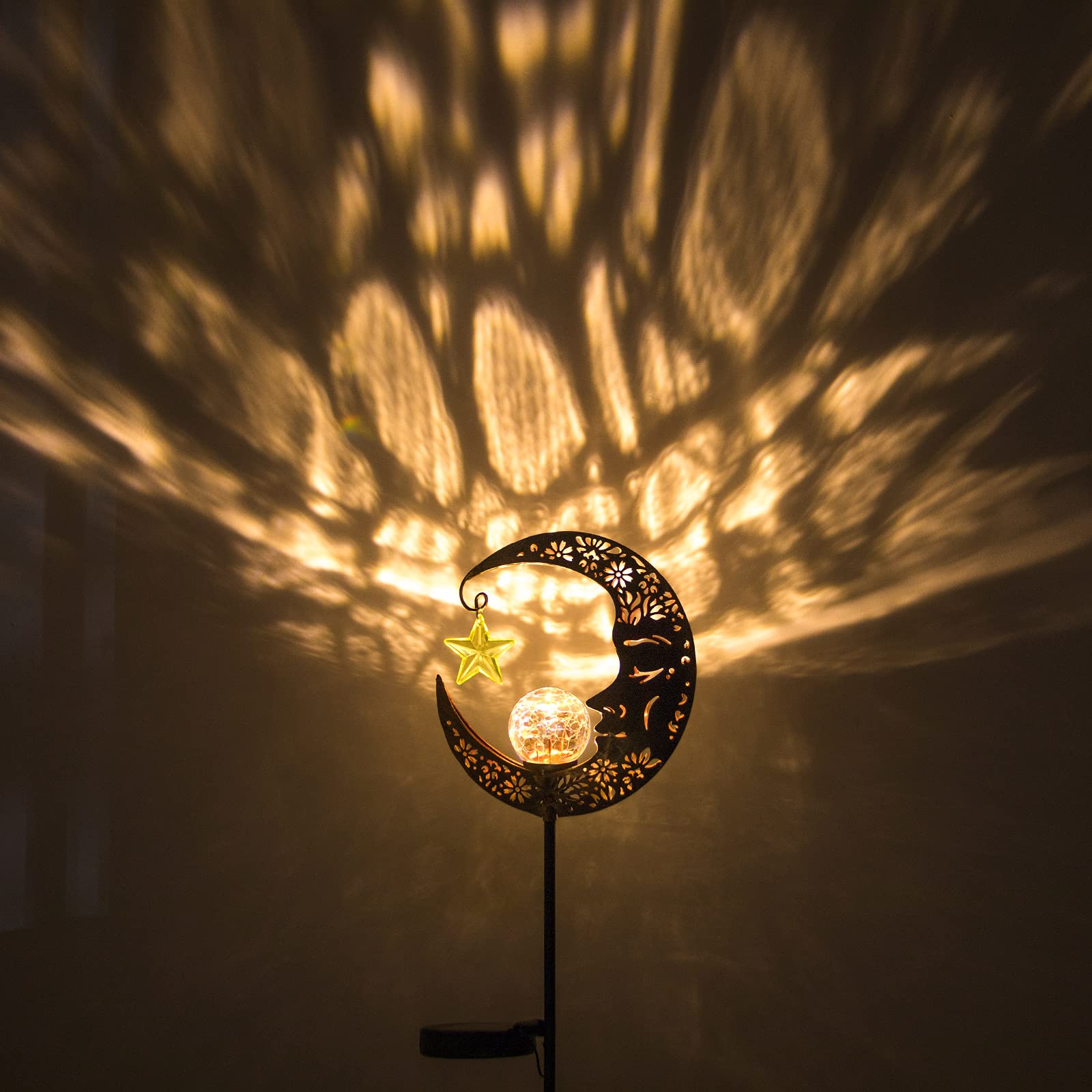 Hapjoy Solar Moon Lantern, Waterproof Crackle Glass Globe Stake Light, Bronze Outdoor Decor