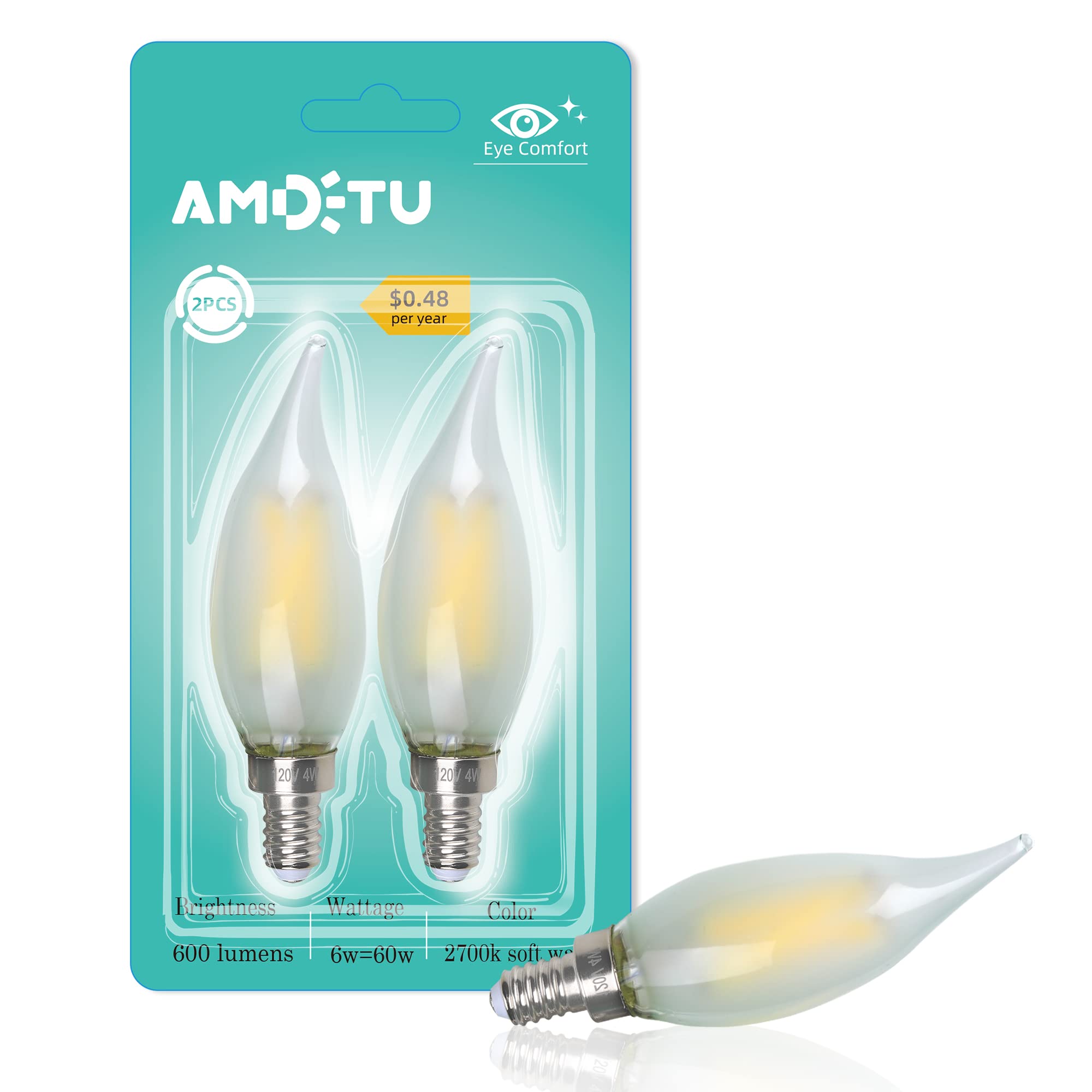 Amdtu 60W Candelabra Light Bulbs Led, Frosted Chandelier Bulb 60 Watt, E12 Led Bulb Dimmable Soft White 2700K, Flame Bent Tip Ca