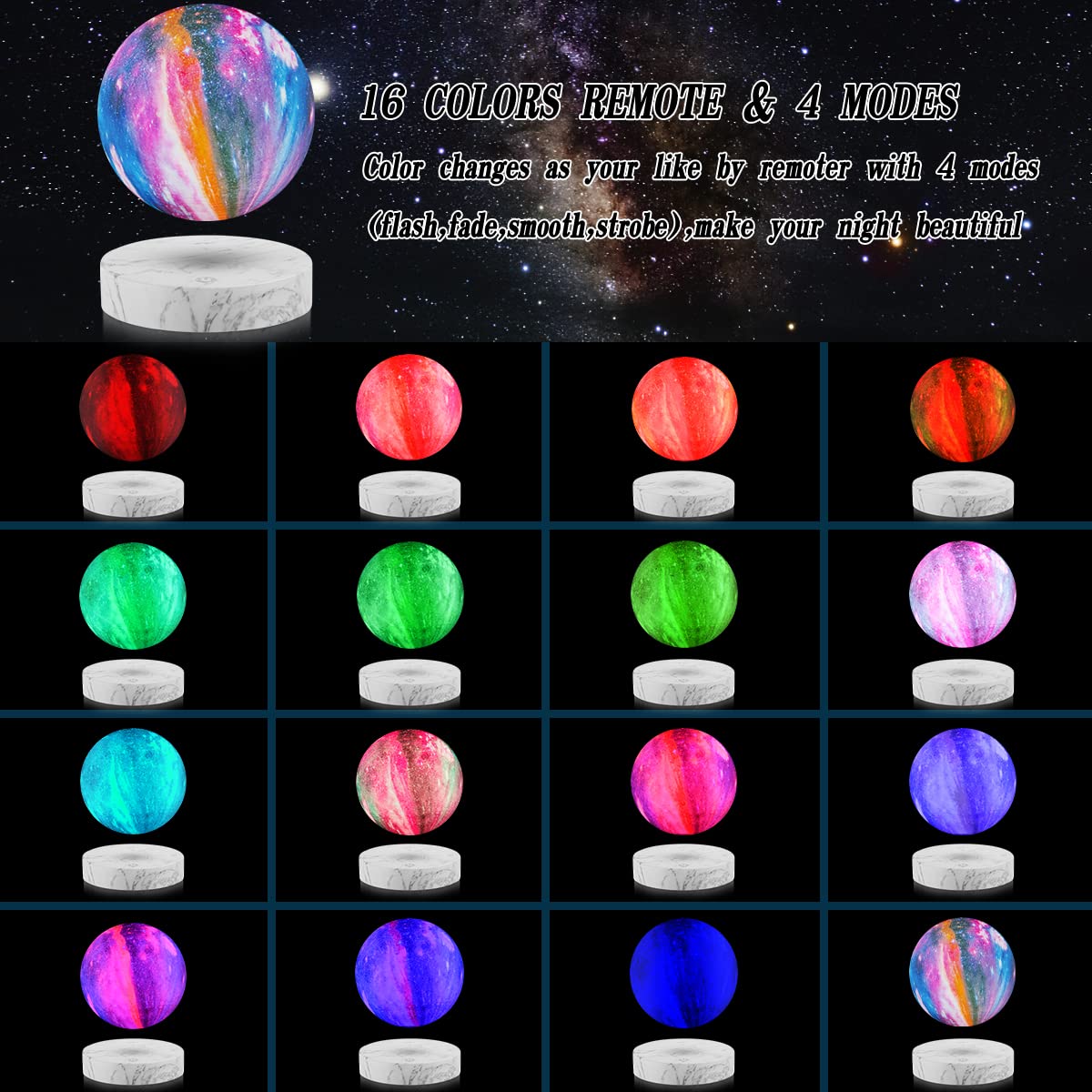 VGAzer Levitating Moon Lamp - 3D Printing LED, 16 Colors, 20 Modes, Marble Base, Model VA1213