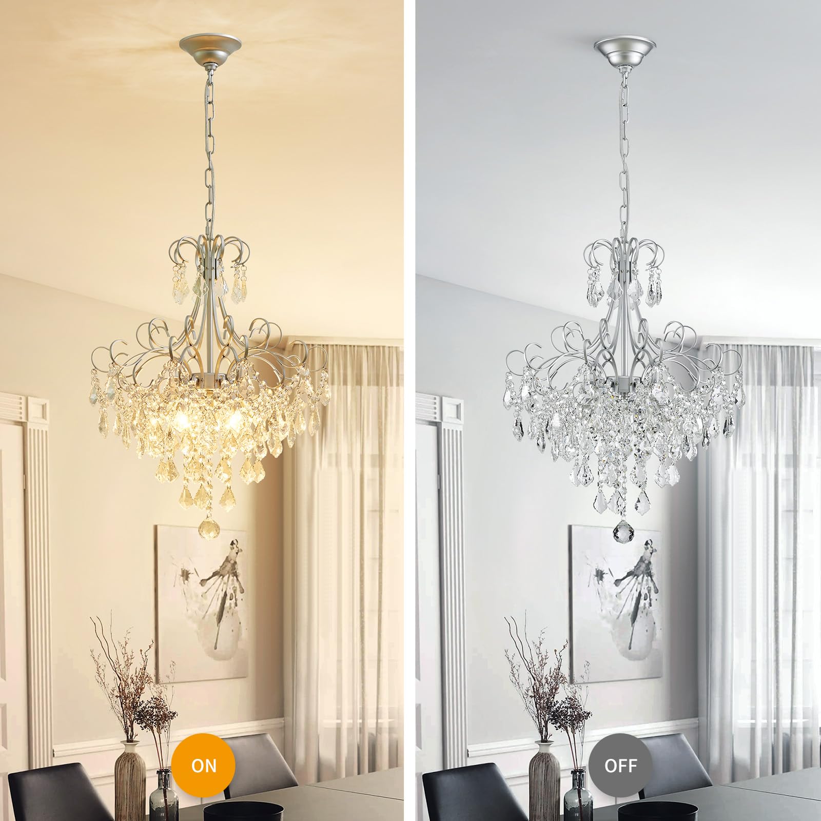 WUZUPS 5-Light Crystal Chandelier Pendant Ceiling Light, 22.4" H x 18.3" W, Silver Metal, Modern Fixture for Dining Room, Hallway, Kitchen