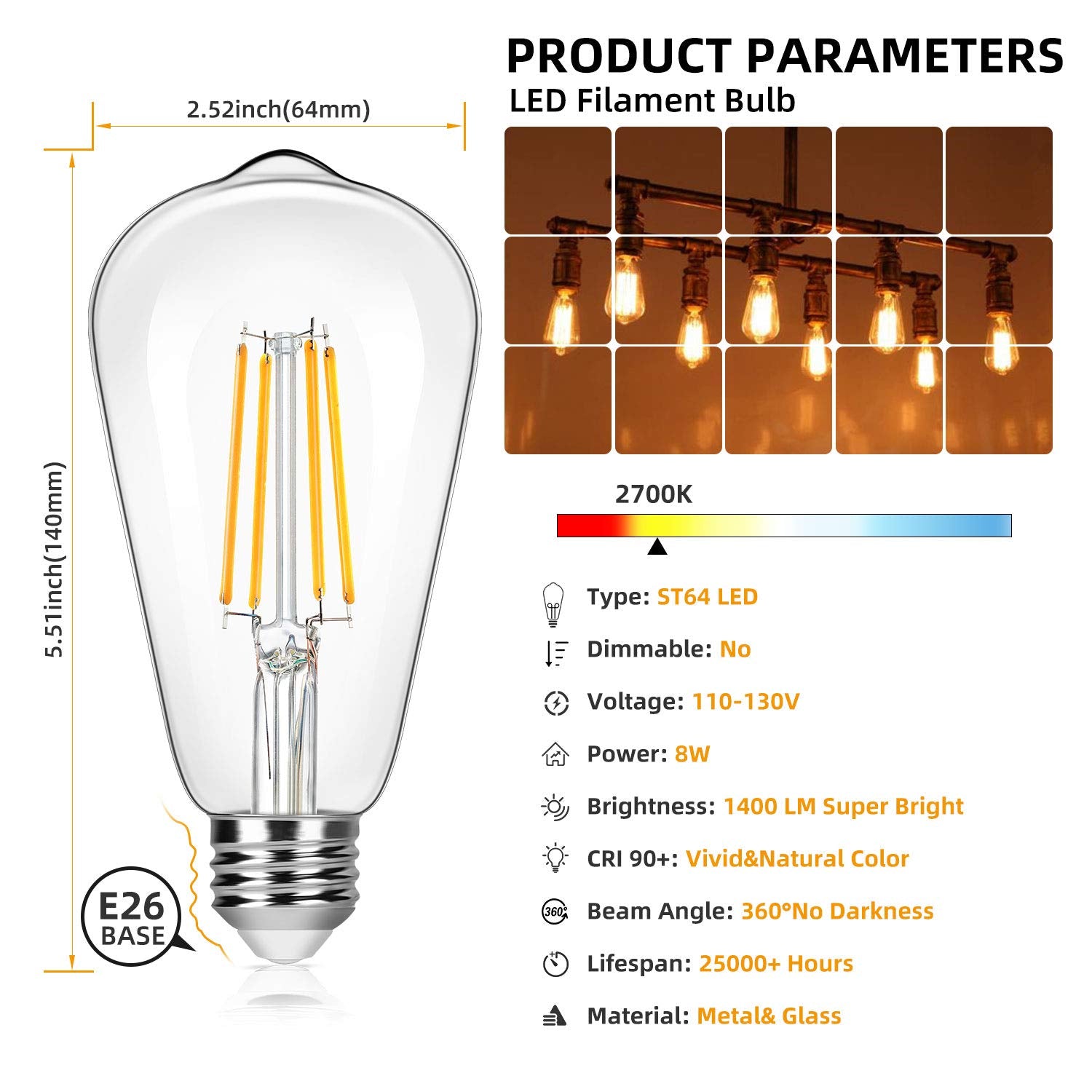 Brightever 4-Pack LED Edison Light Bulbs, 8W 100W Equivalent, 1400 Lumens, 2700K Warm White, E26 Base, Antique Glass Style
