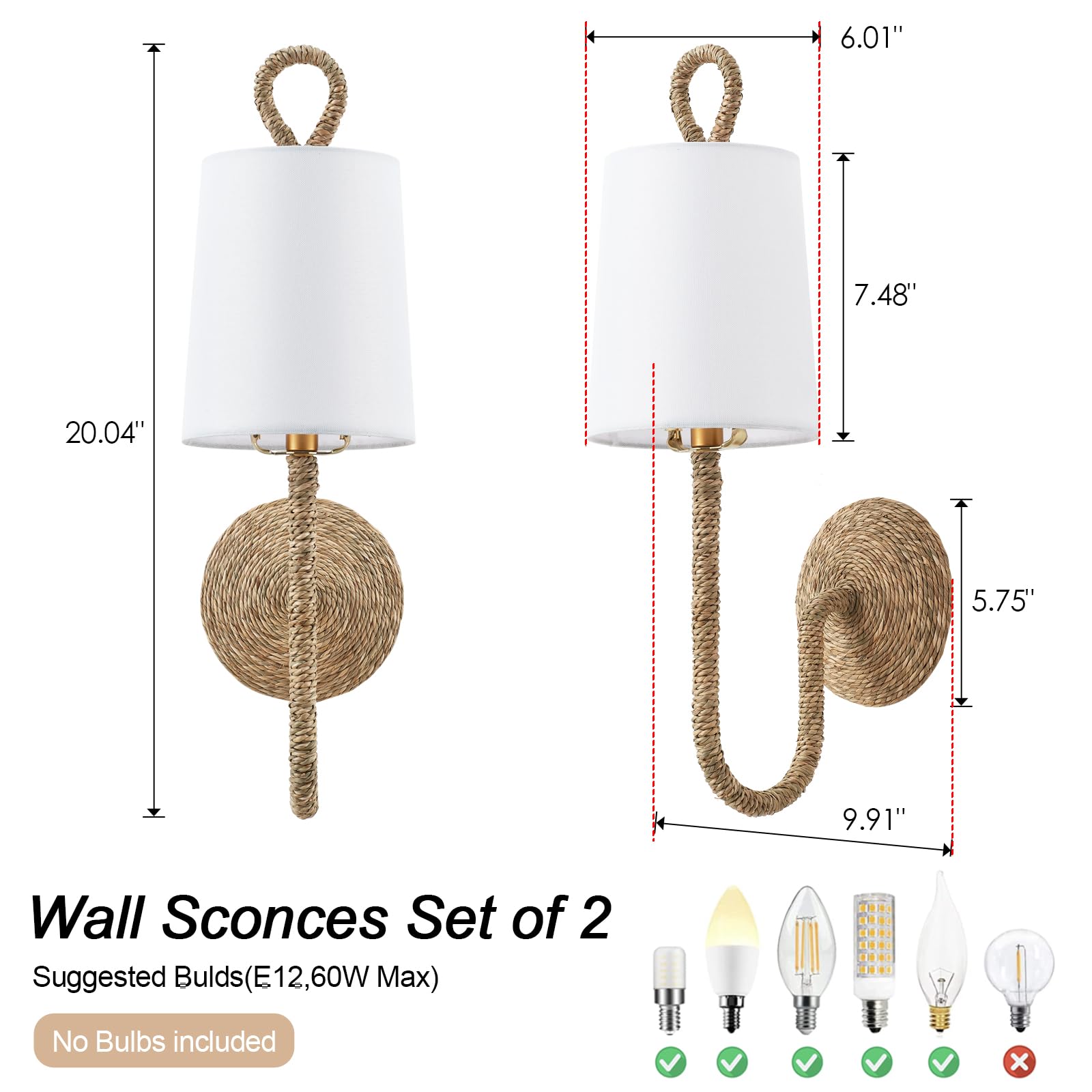 MhyTogn Rattan Wall Sconce Set of 2, Boho Wicker with Creamy-White Fabric Shade for Living Room, Stairway, Hallway