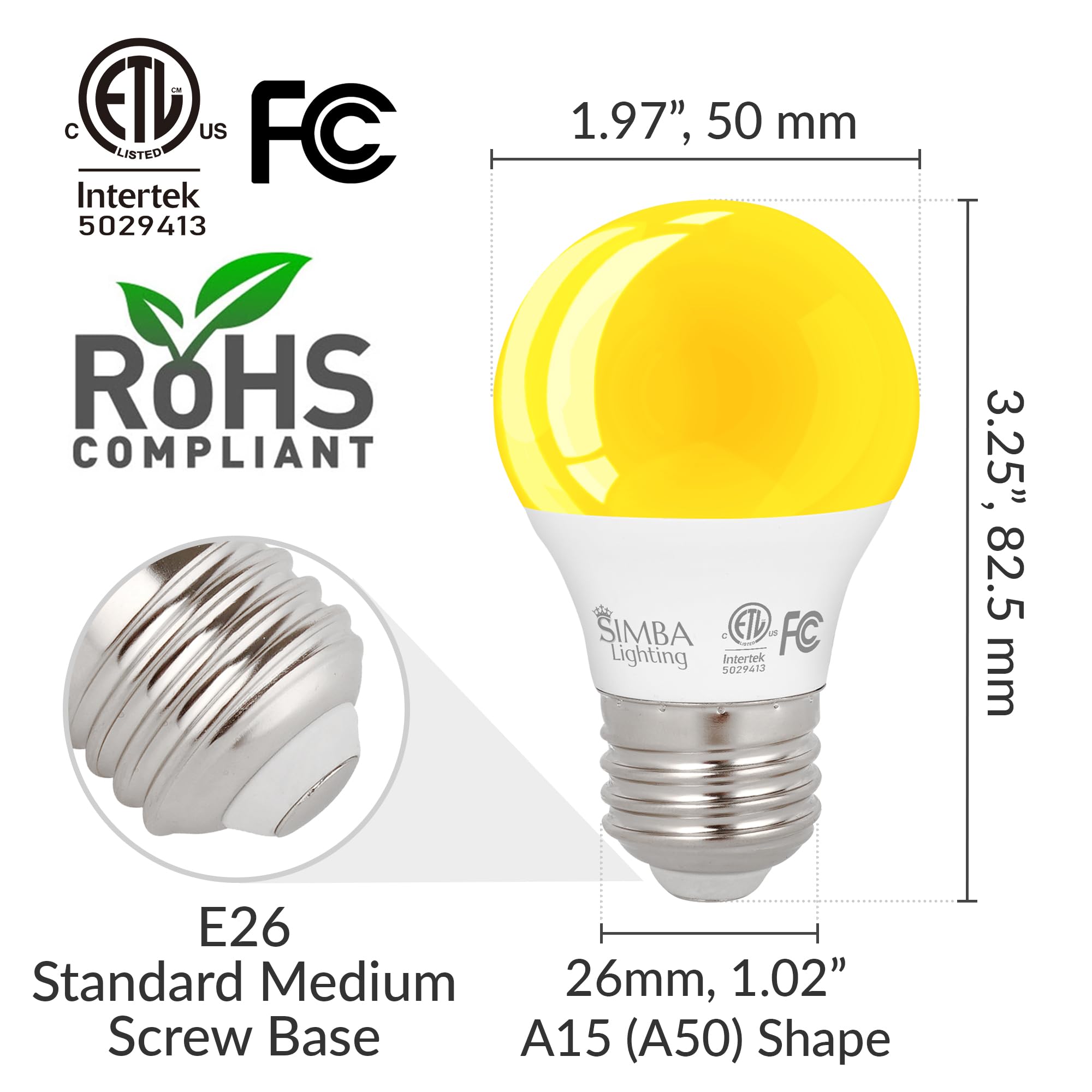 Simba Lighting Led Bug Non-Attracting Yellow Bulb Etl Listed 7W 60W Equivalent (4 Pack)  Great For Outdoor Porch Light  Patio  Security  Night Light  Amber Warm Light  Compact A15 Shape E26 Base