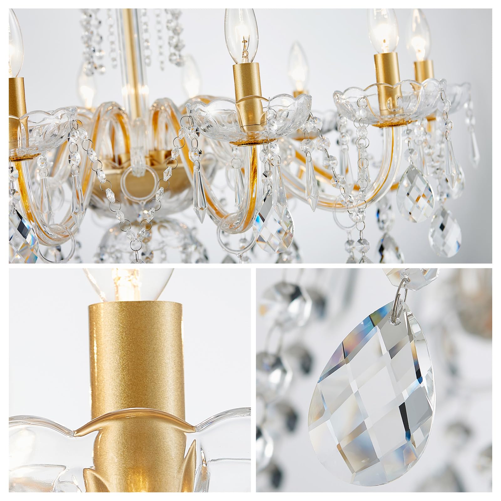 Wuzups 10-Light Crystal Candle Chandelier Pendant Ceiling Light Modern Lighting Fixture For Bedroom Hallway Bar Kitchen Bathroom  H 26.7 W 33.9  E12 Base  Gold