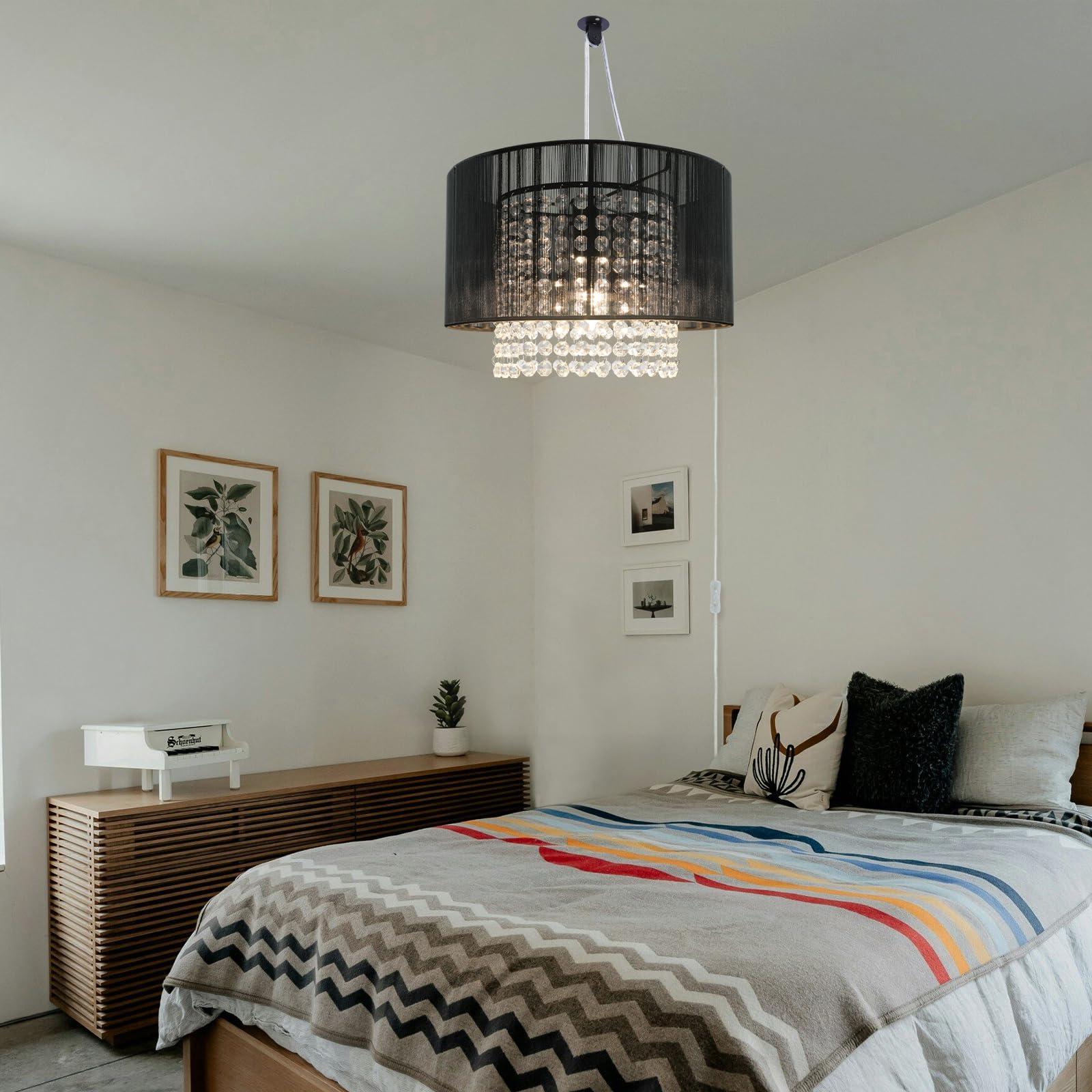 TISLYCO Plug-in Chandelier, 15ft Cord Crystal Pendant Light, Black, Perfect for Bedroom or Living Room