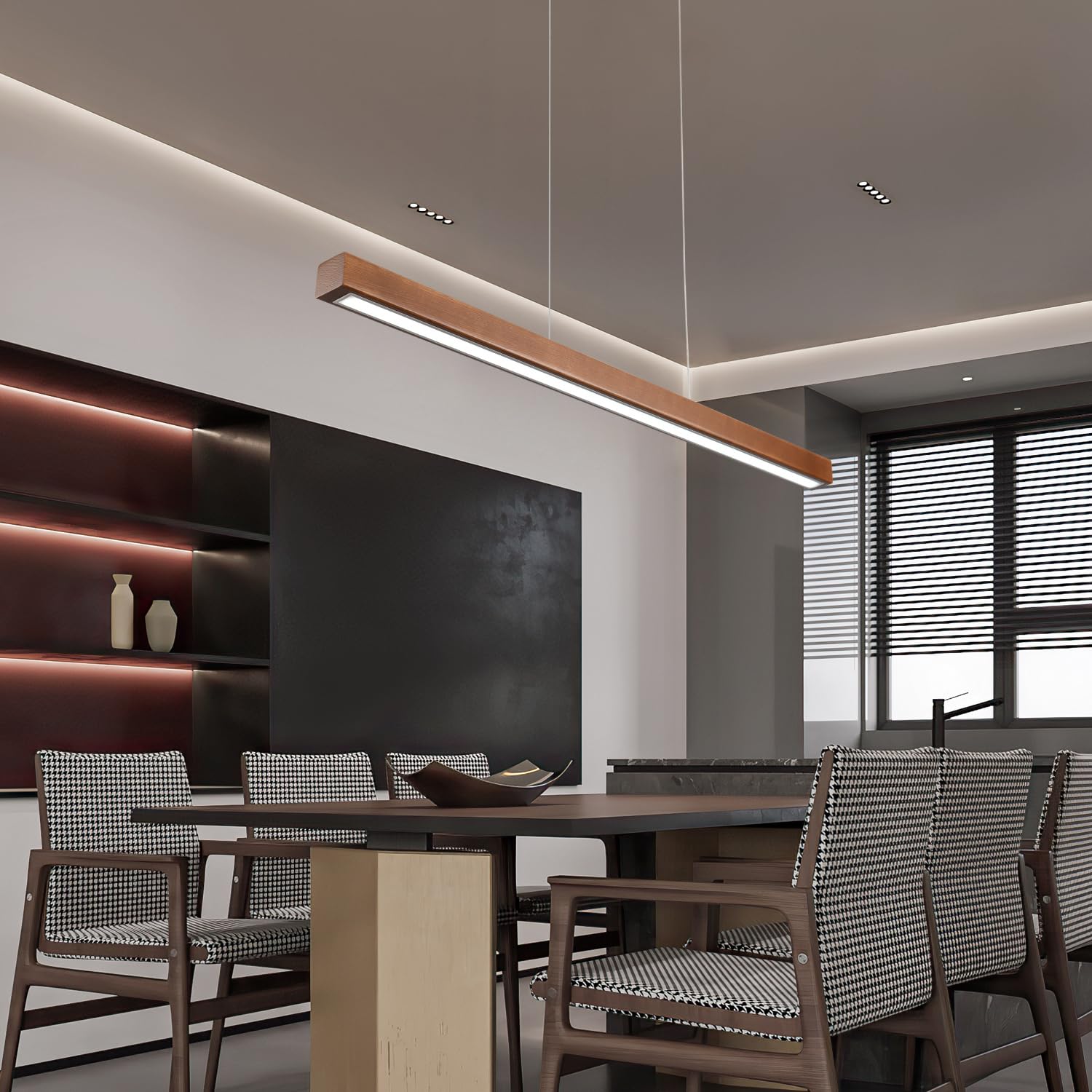 31.5 Wood Linear Pendant Light - Dimmable Led Chandelier With Remote  Adjustable Modern Farmhouse Lighting For Kitchen Islands  Dining Rooms & Bars Walnut Color (19W Energy-Efficient)