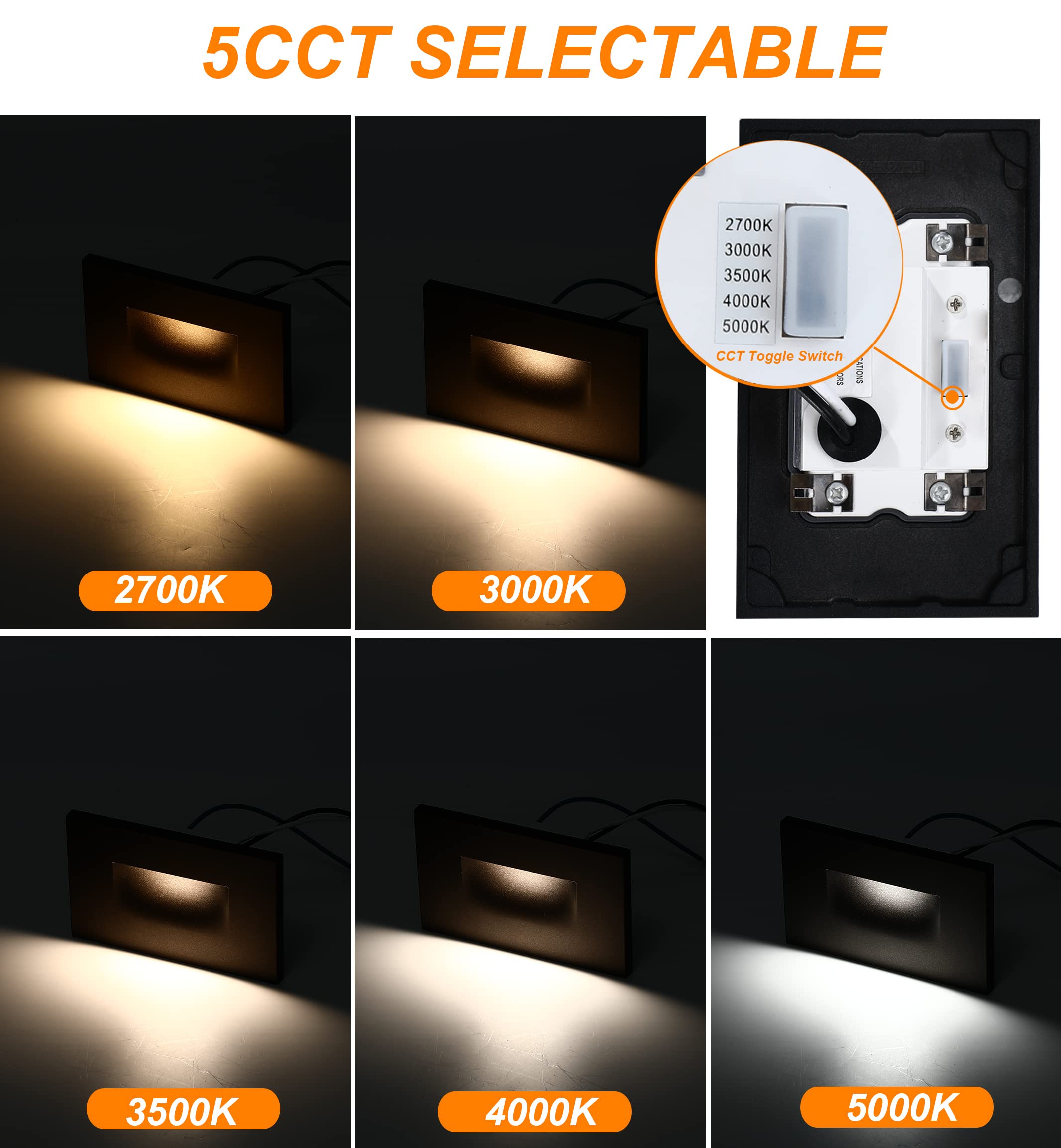 CLOUDY BAY 120V Dimmbale LED Step Light, 5 Color Options, 3W 70lm, Black, 12 Pack