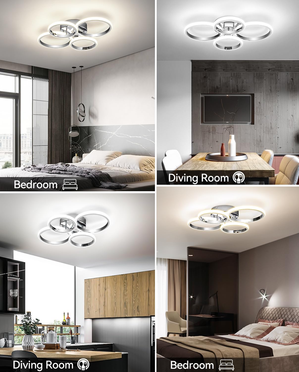 21.3In Chrome Modern Led Ceiling Light Fixture With Remote Control, 3000K-6500K 3-Color Dimming Circle Modern Ceiling Lamp Bedro
