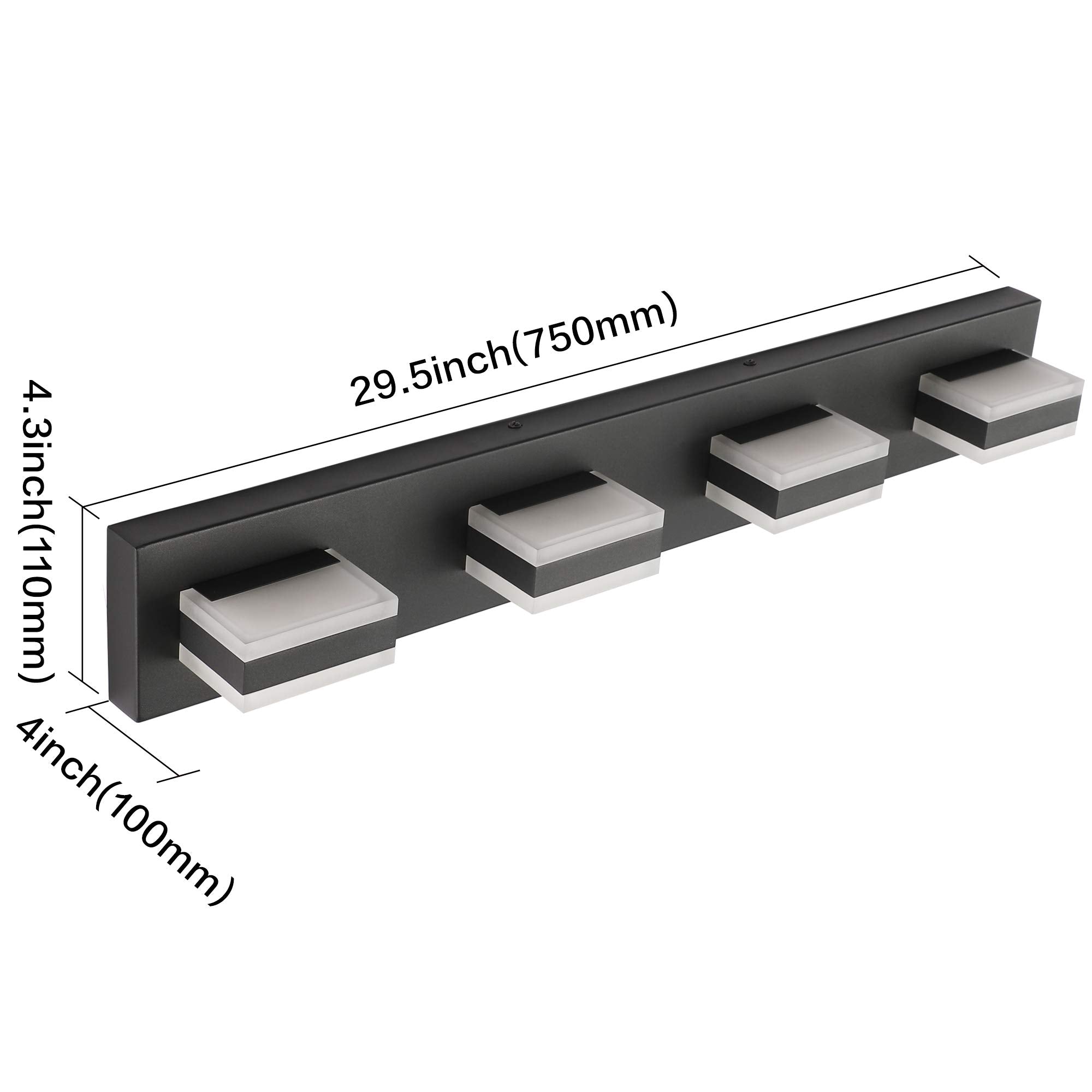 SOLFART Modern LED Bathroom Vanity Lights, 29.5 Inch, 4 Lights, Acrylic Shade, Matt Black Finish, Model S8568-4T-6000K-ND