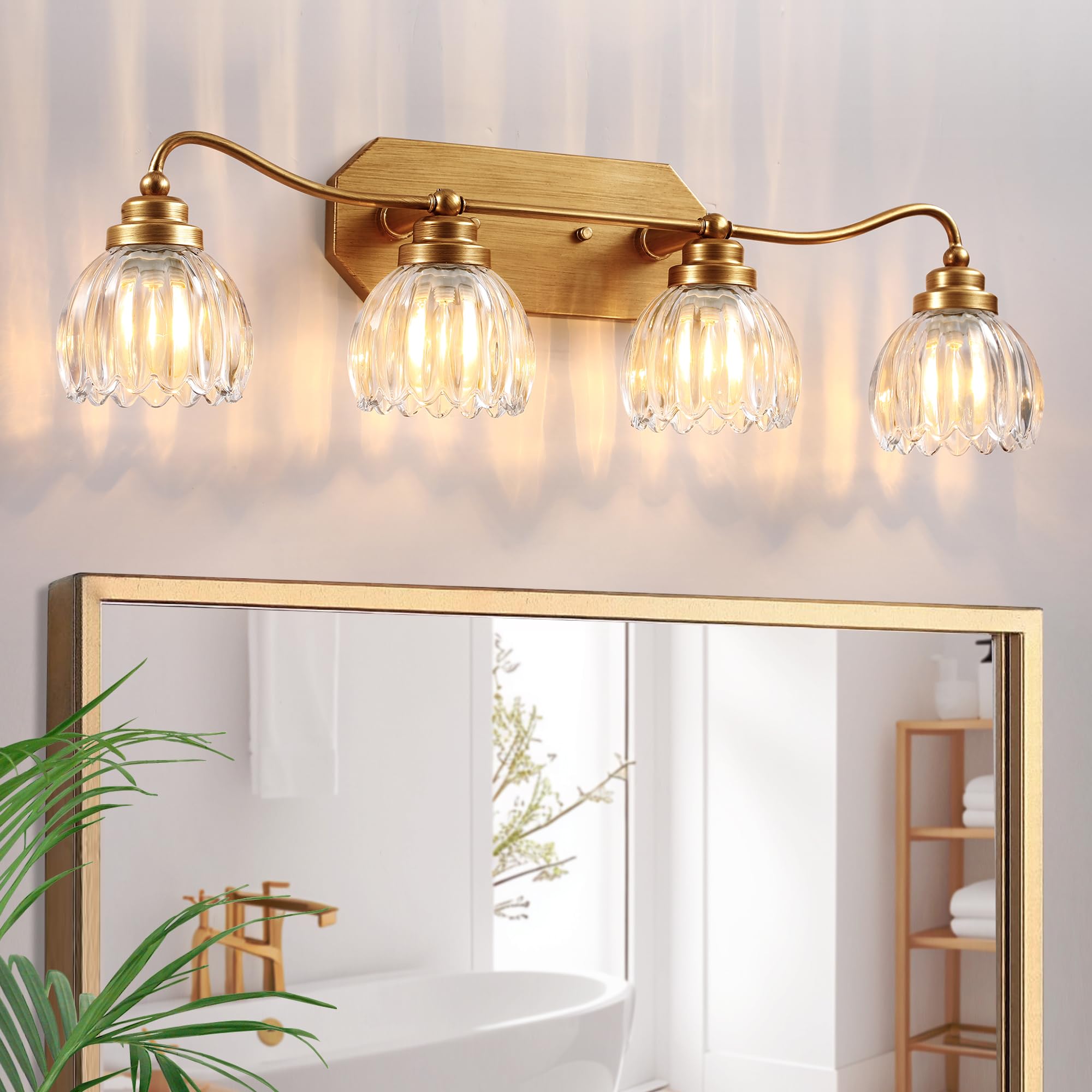 Cmnvmn Vintage Bathroom Light Fixtures  4 Light Gold Bathroom Vanity Light  Matte Antique Brass Finish With Crystal Glass Shade  Wall Sconces Lighting For Bedroom  Living Room  Hallway