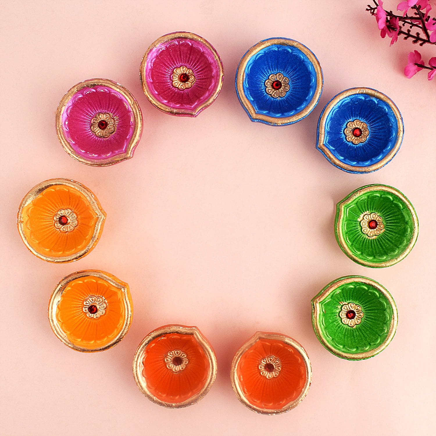 Craftsman Multicolor Clay Diya Oil Lamp Pack of 10, Terracotta Traditional Puja Light for Diwali, Navratri, Housewarming Decor