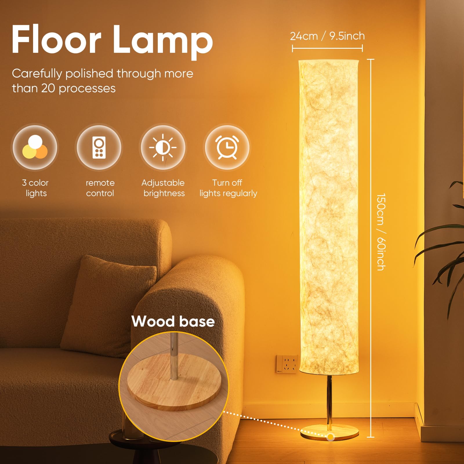 Lonrisway 58 Inch Simple Soft Light Floor Lamp Design Morden 3 Color Lighting Remote Control Led Lamp With Tyvek Fabric Shade,Br