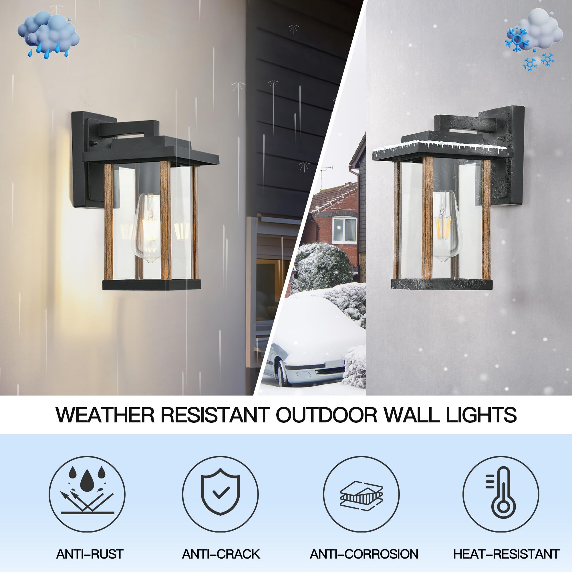 Smeike Outdoor Wall Sconce, Aluminum Porch Light, Anti-Rust, Wood Grain & Black Finish, Model A275-3