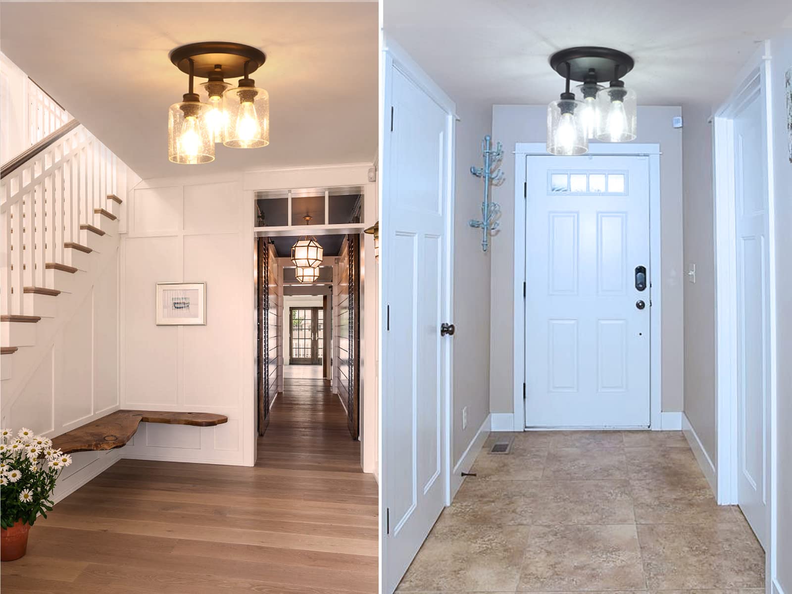 Winsmart Semi Flush Mount Ceiling Light With Seeded Glass Shades For Kitchen Hallway And Dining Room, 3-Lights Rustic Ceiling Li