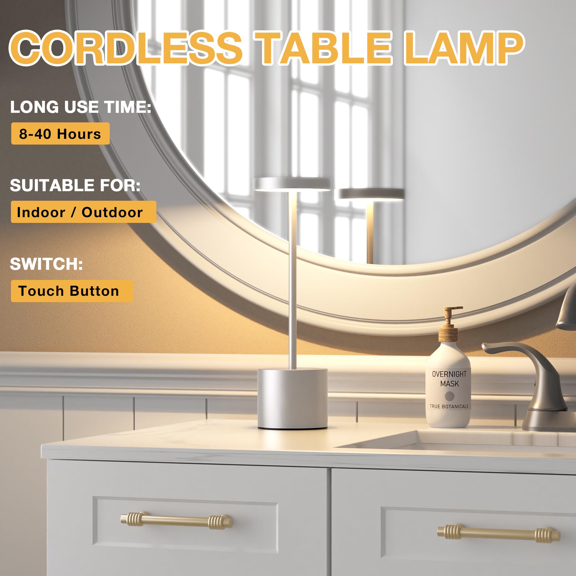 Kakanuo Silver Gray Cordless Lamp, Rechargeable Lamp, Touch Control, 3 Color Temperature, Led Outdoor Wireless Lamp, Battery Ope